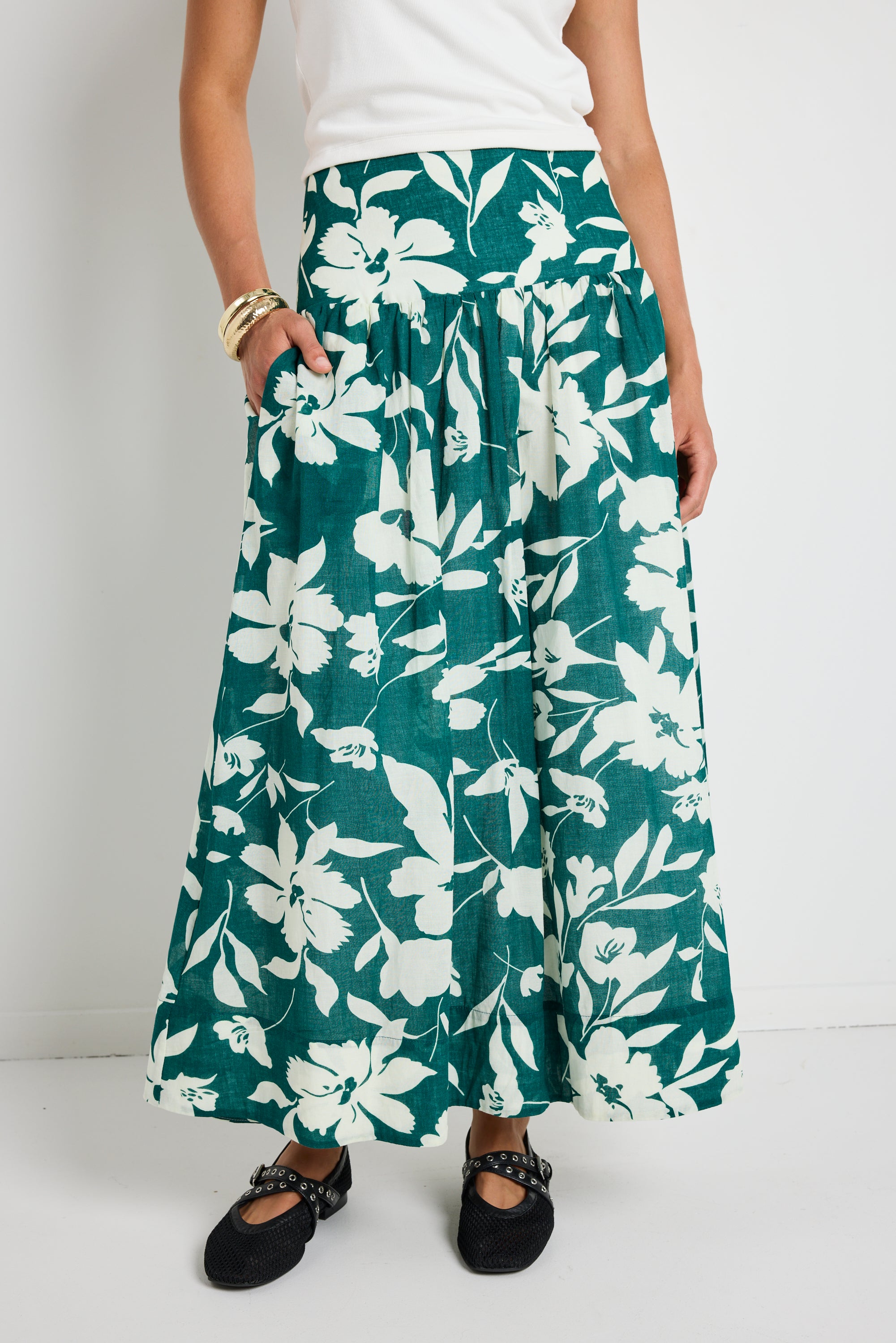 Affinity Forest Floral Print Shirred Back Tiered Maxi Skirt for Women - Boho Summer Beach Dress, Wedding Guest Outfit & Vacation Wear