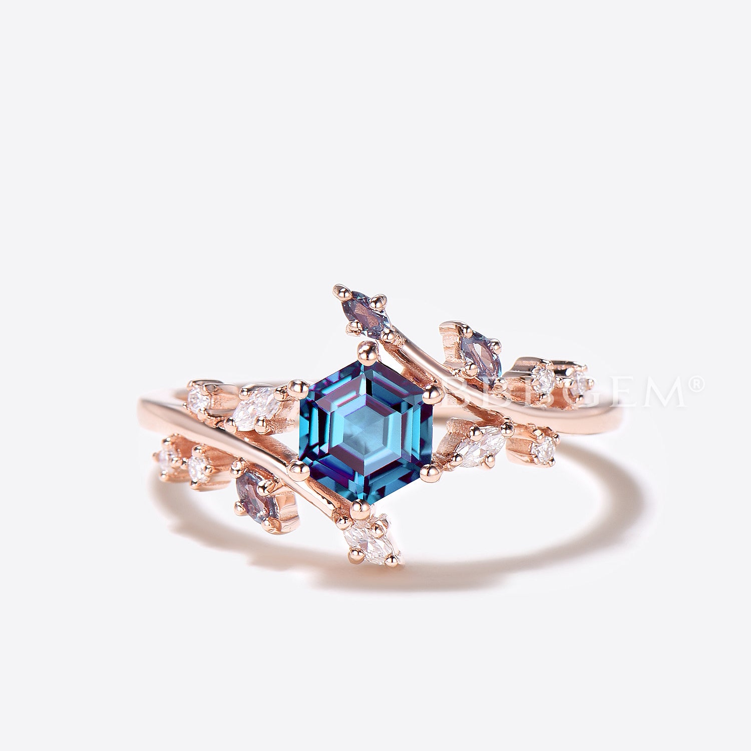 14k Rose Gold Hexagon Cut Alexandrite Engagement Ring - Twig Leaf Design for Wedding, Proposal & Anniversary Gifts | Unique Vintage Style Jewelry