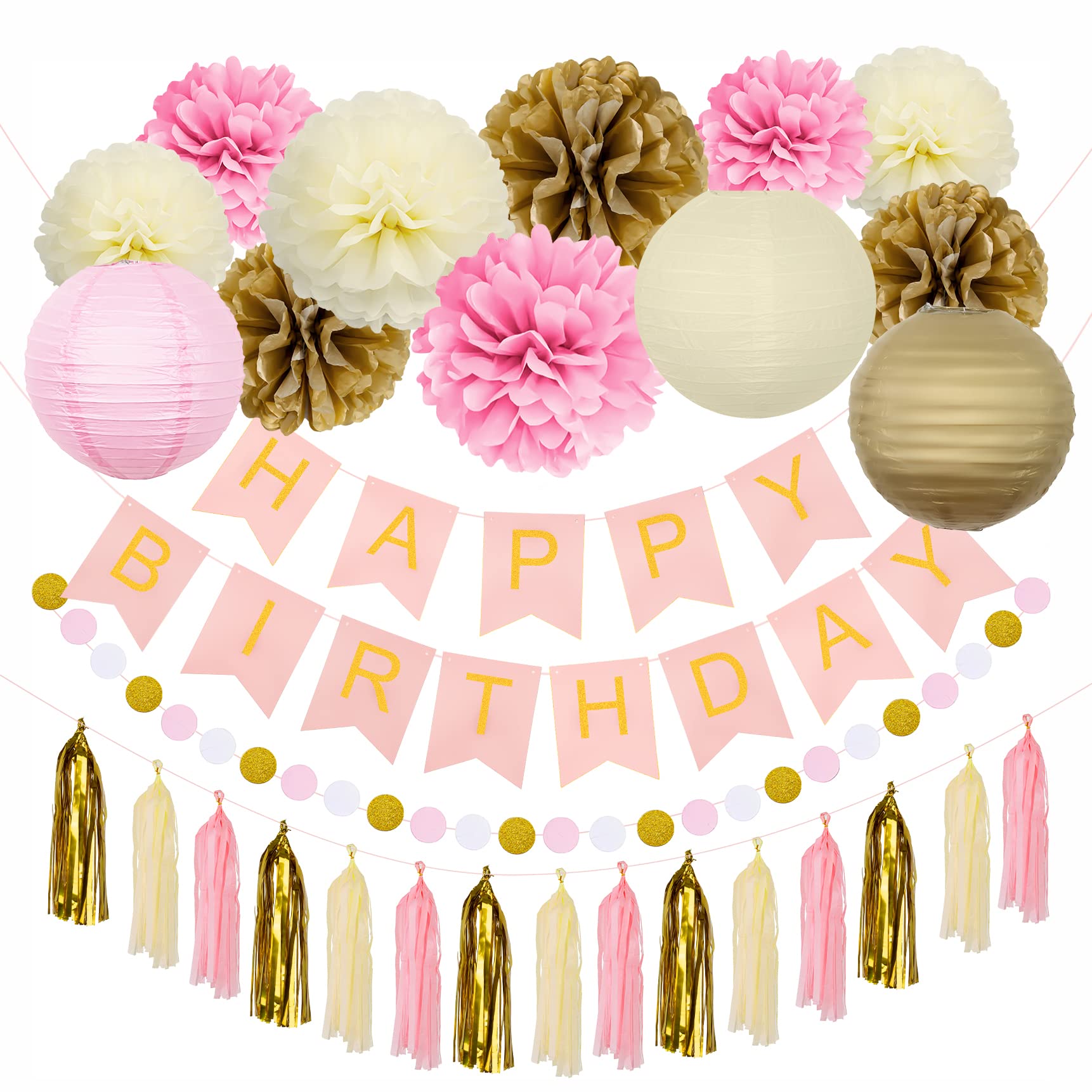 Meowtastic Pink & Gold Birthday Party Decorations Kit - Happy Birthday Banner, Tissue Pom Poms, Tassel Garland, Paper Lanterns & Circle Dot Garland - Perfect for Women & Girls Birthday Celebrations, Baby Showers & Bridal Showers
