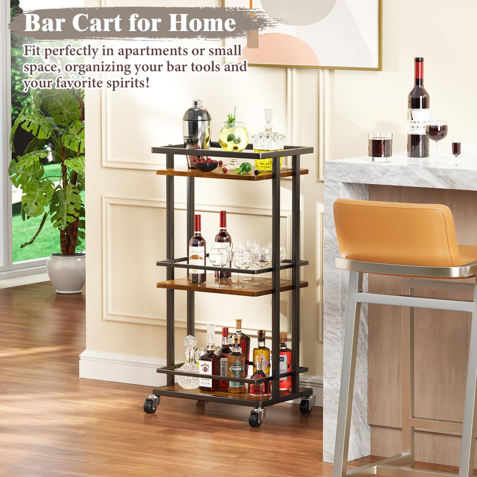 3-Tier Rolling Bar Cart with Wheels - Portable Mini Liquor Cabinet for Wine, Beverage & Coffee Storage - Kitchen Island Serving Cart for Dining Room, Living Room & Party Use - Espresso Brown Home Bar Furniture (Perfect for Entertaining, Small Space Storage & Mobile Drink Service)
