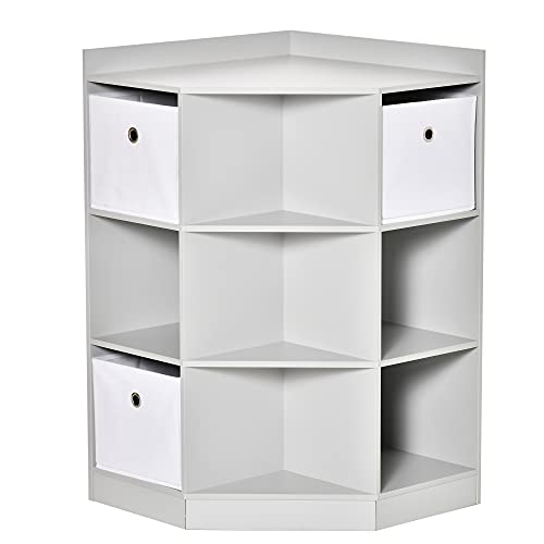 HOMCOM Kids Corner Cabinet with 3 Baskets - Toy Storage Organizer & Bookshelf Unit for Playroom, Bedroom, Living Room - Space-Saving Grey Furniture for Kids' Room Organization & Toy Display