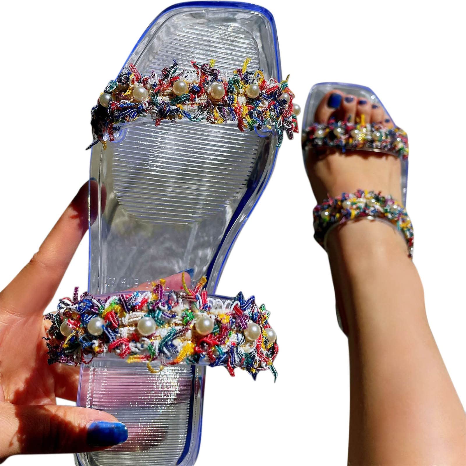 Anfushi Women's Rhinestone Sandals - Boho Flat Flip Flops for Casual Summer Wear, Beach & Outdoor Slippers | Perfect for Vacations, Pool Parties & Daily Comfort