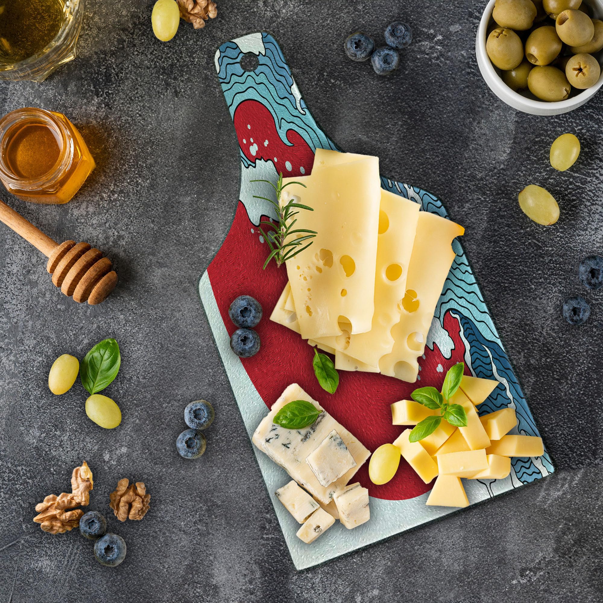 Ambesonne Japanese Wave Tempered Glass Cutting Board - Red Sun Tropical Nautical Design, Wine Bottle Shape Serving Board for Kitchen & Entertaining - Perfect for Sushi Presentation, Charcuterie, and Wine Pairing