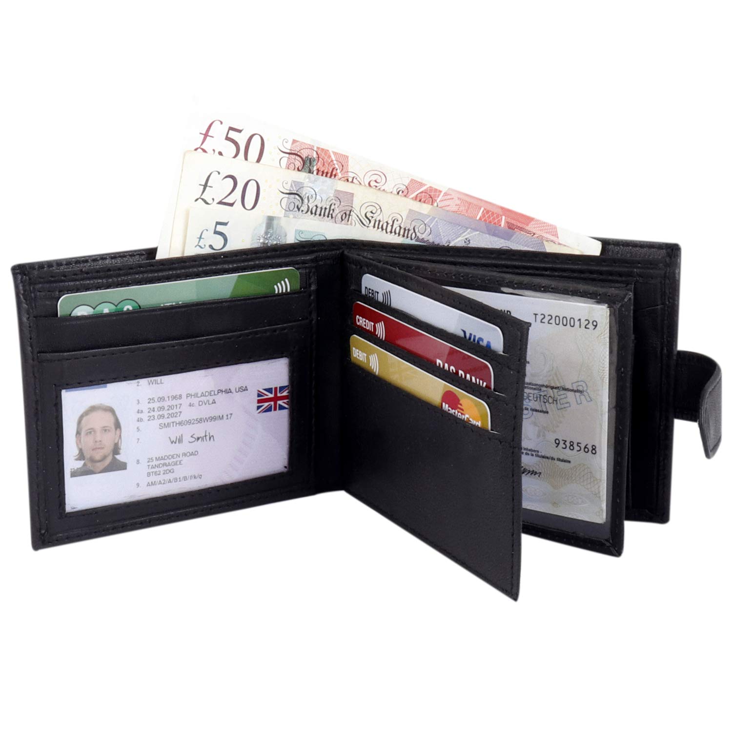 Premium Black Genuine Leather RFID Blocking Wallet for Men - Slim Bifold Card Holder with 3 Clear ID Windows & Coin Pocket - Secure Travel & Everyday Carry Wallet #335