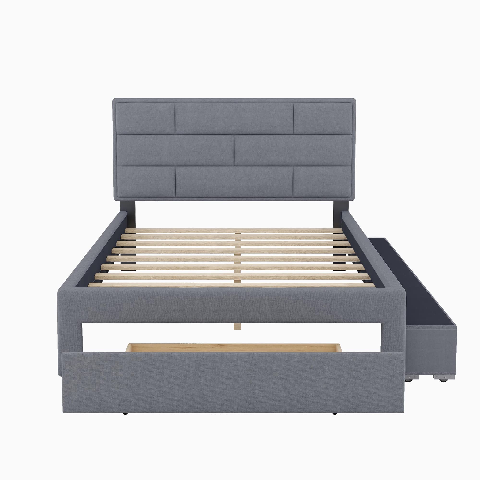 Linen Upholstered Platform Bed Frame with Storage Drawer & Shelves - Full Size Twin Wood Bed Frame in Gray | Modern Bedroom Furniture for Small Spaces & Guest Rooms