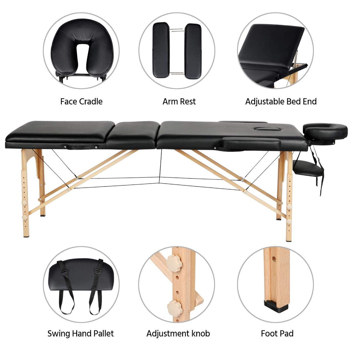 Yaheetech Portable Folding Massage Table - 60cm Wide 3-Section Spa Beauty Bed for Tattoo & Therapy - Lightweight Wooden Frame - Perfect for Home, Salon & Mobile Massage Services