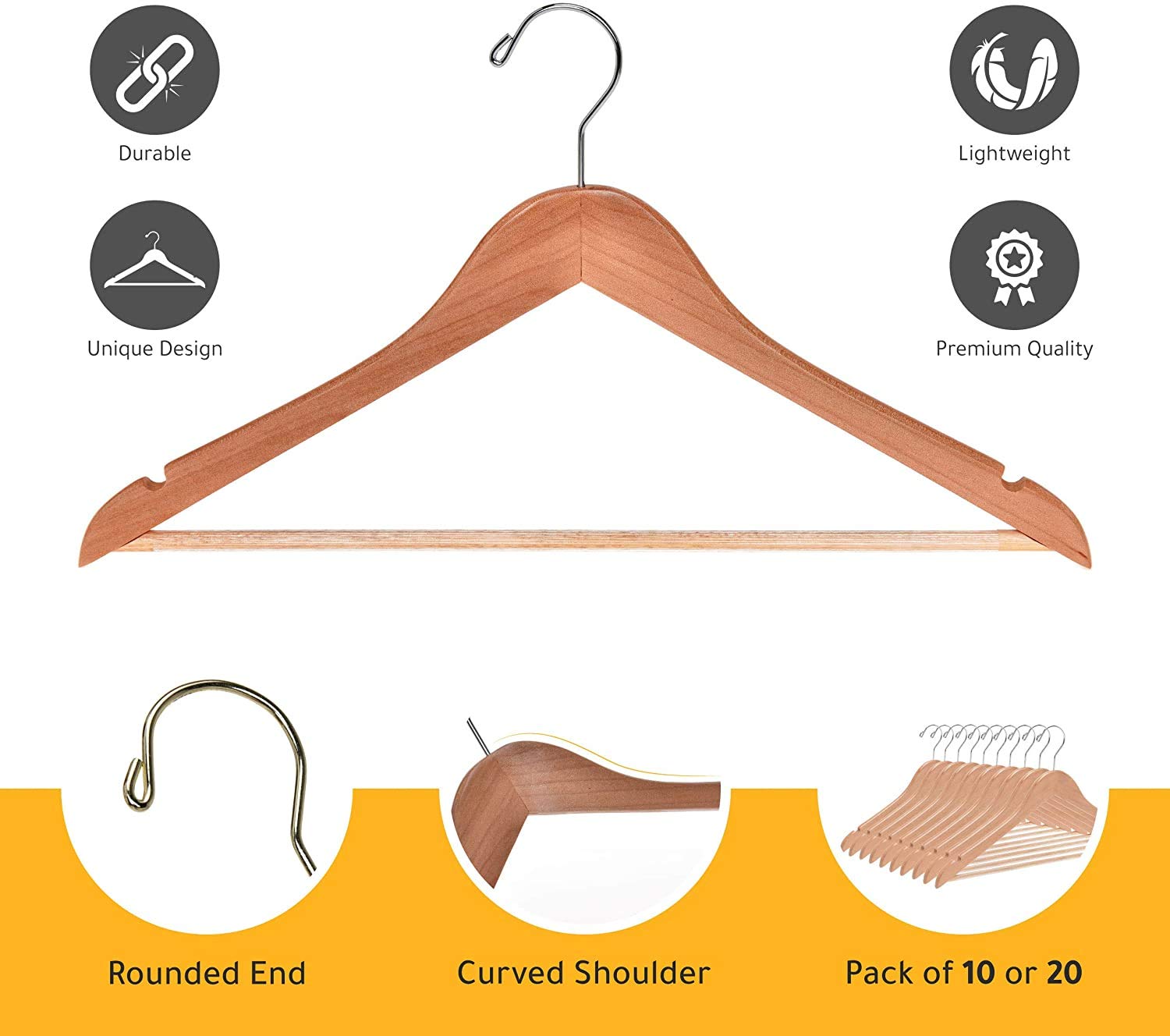 Premium Solid Wooden Hangers - 80 Pack Slightly Curved Coat Hangers with Chrome Hooks - Heavy Duty Clothes Hanger for Jackets, Shirts, Pants & Suits - Natural Wood Closet Organizer for Home, Hotel & Retail Use
