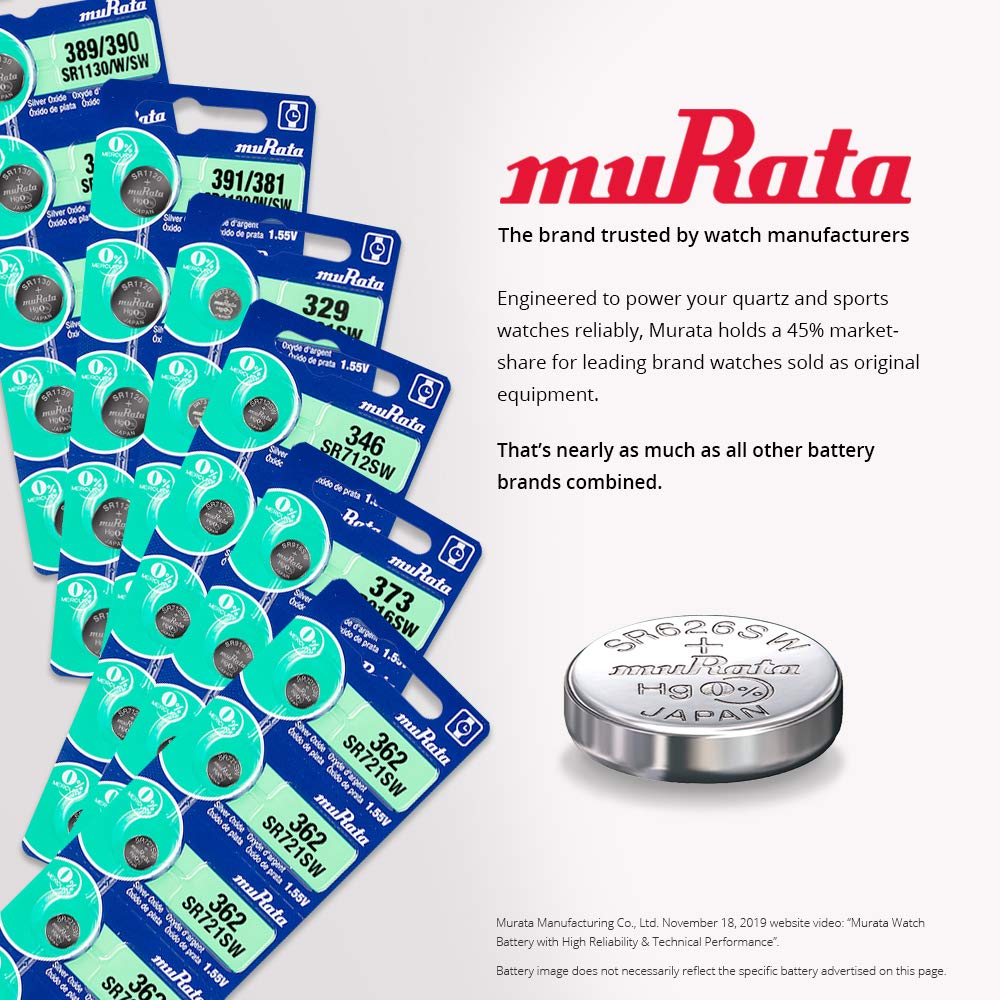 Murata SR626W 1.55V Silver Oxide Watch Battery (10-Pack) - Long Lasting Power for Watches, Calculators, Toys & Medical Devices