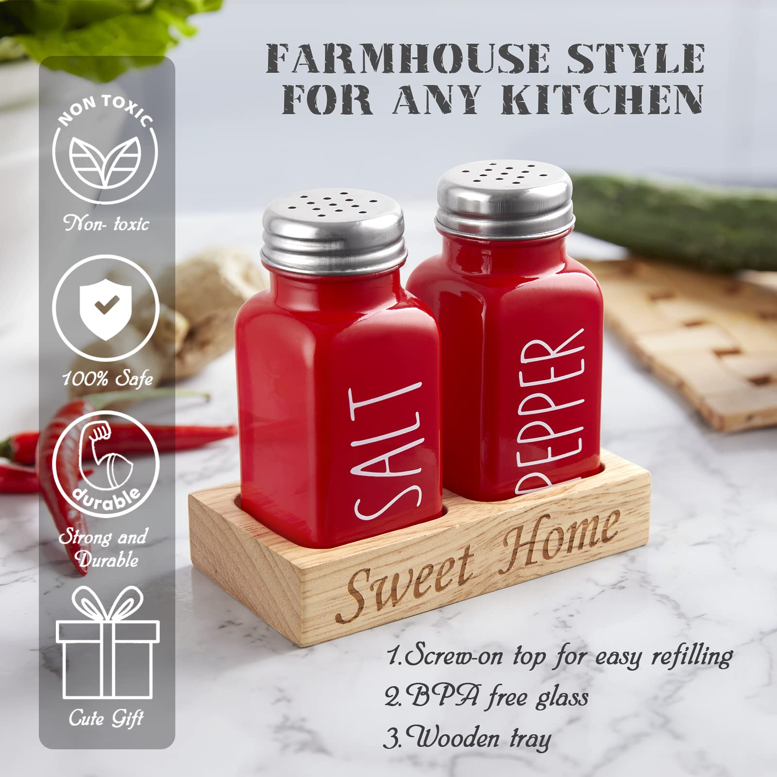 Red Glass Salt and Pepper Shakers Set with Wooden Tray - 2.7 oz Dopeca Kitchen Countertop Spice Dispenser - Christmas Housewarming Gift & Modern Kitchen Decor - Perfect for Dining Tables, Restaurants, and Holiday Gifting