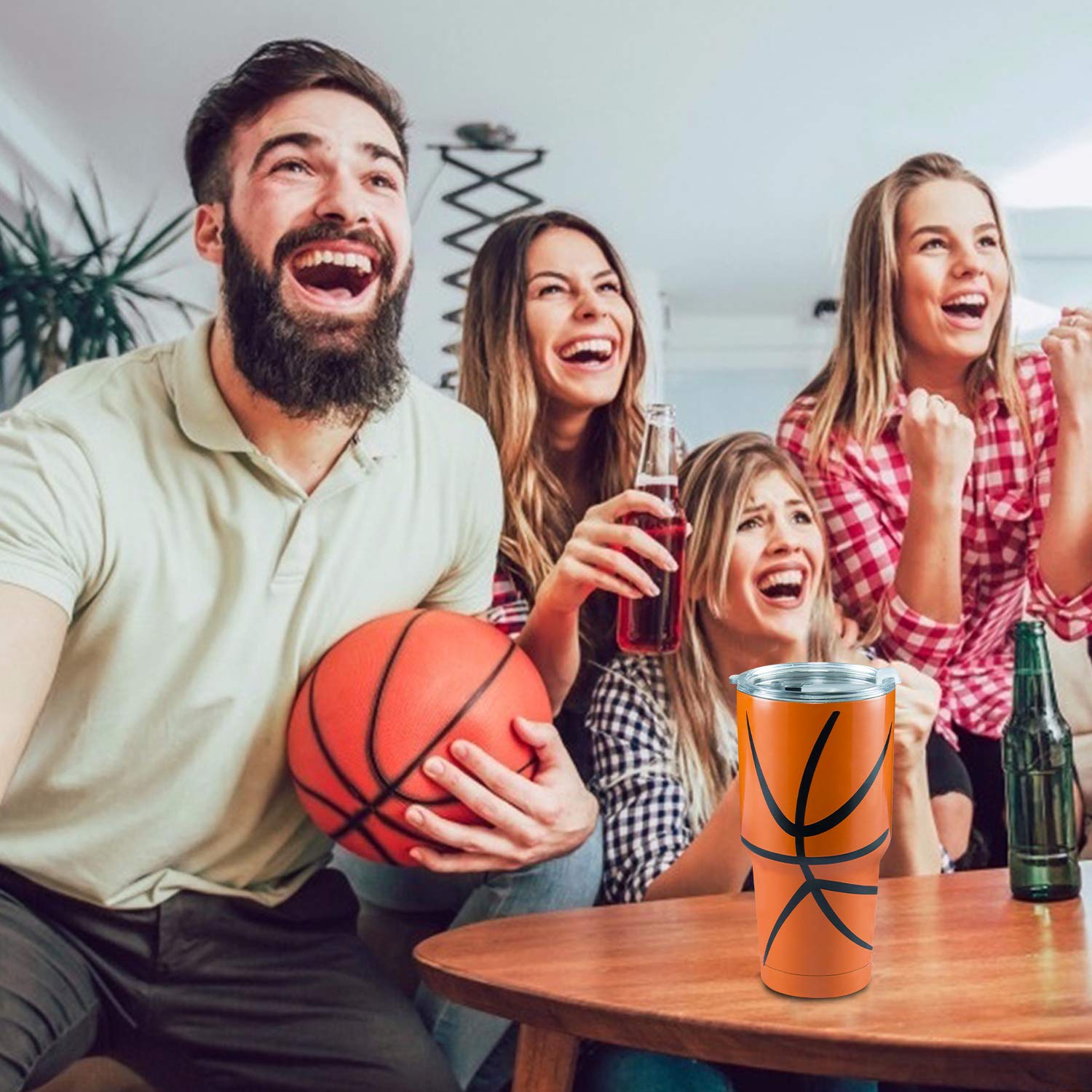 Joyclub 30oz Stainless Steel Tumbler - Double Wall Vacuum Insulated Travel Mug with Lid, Straw & Cleaning Brush - Keeps Drinks Hot/Cold for Hours - Perfect for Coffee, Tea, Water & Smoothies - Basketball Design - Ideal for Office, Gym, Camping & Road Trips