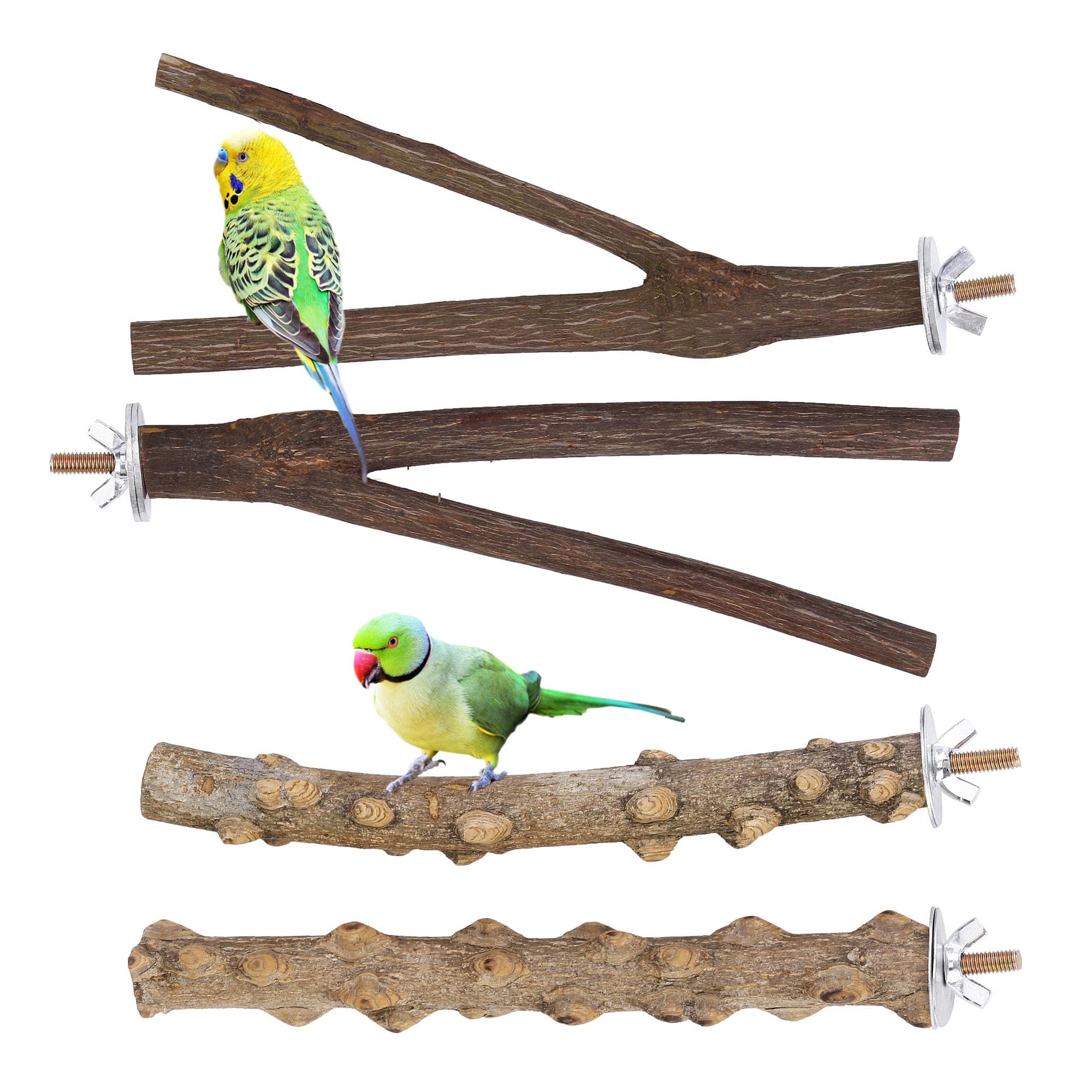 Natural Wood Bird Perches - 4 Pcs Parrot Stand & Platform for Conures, Budgies, Parakeets | Cage Accessories & Toys for Small Birds - Perfect for Play, Rest & Exercise in Your Pet Bird's Habitat