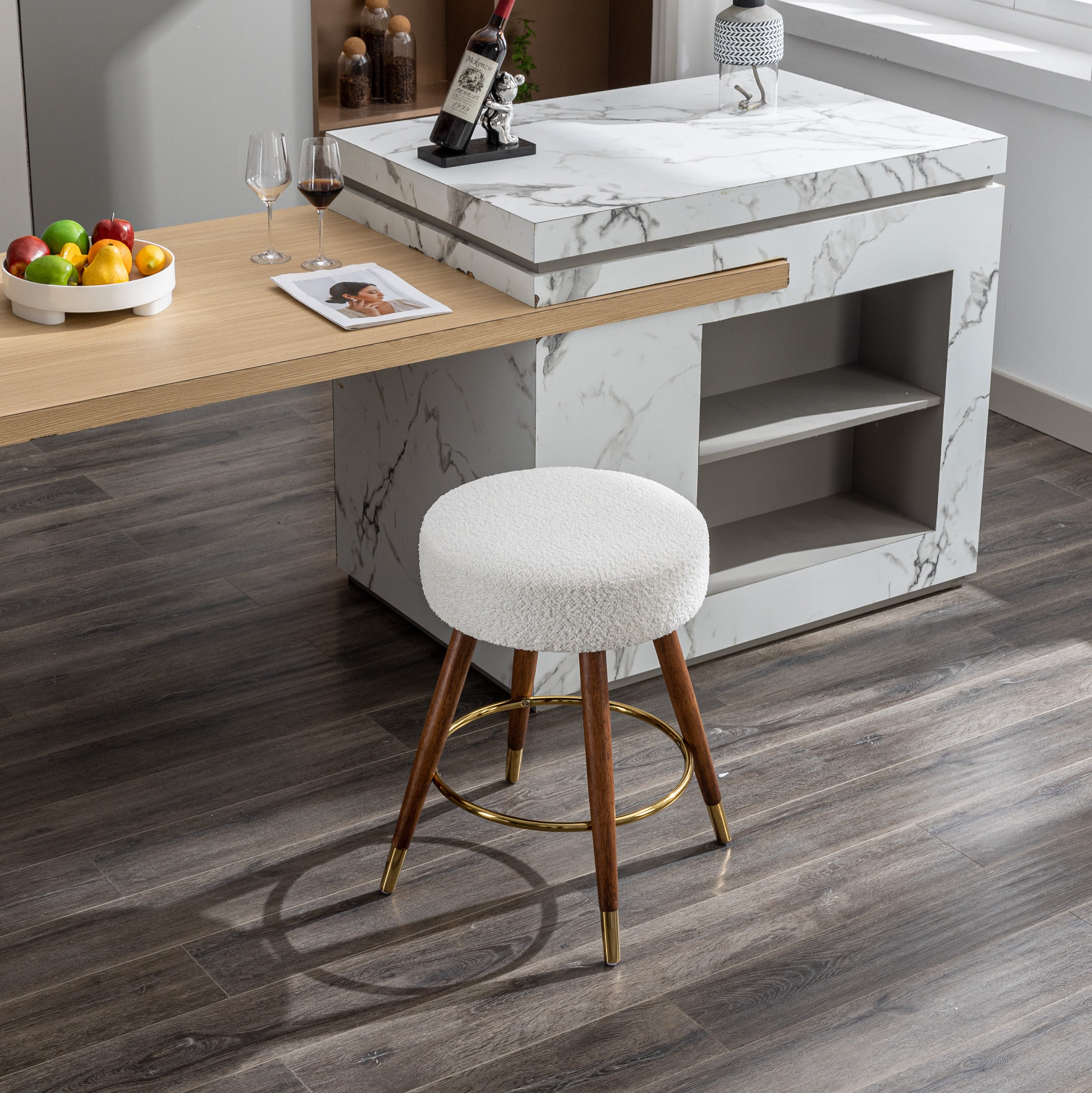 Roundhill Furniture MoMo Boucle Upholstered Swivel Bar Stool - 360° Rotating Counter Height Stool with White Fabric - Perfect for Kitchen Islands, Breakfast Bars & Modern Home Decor