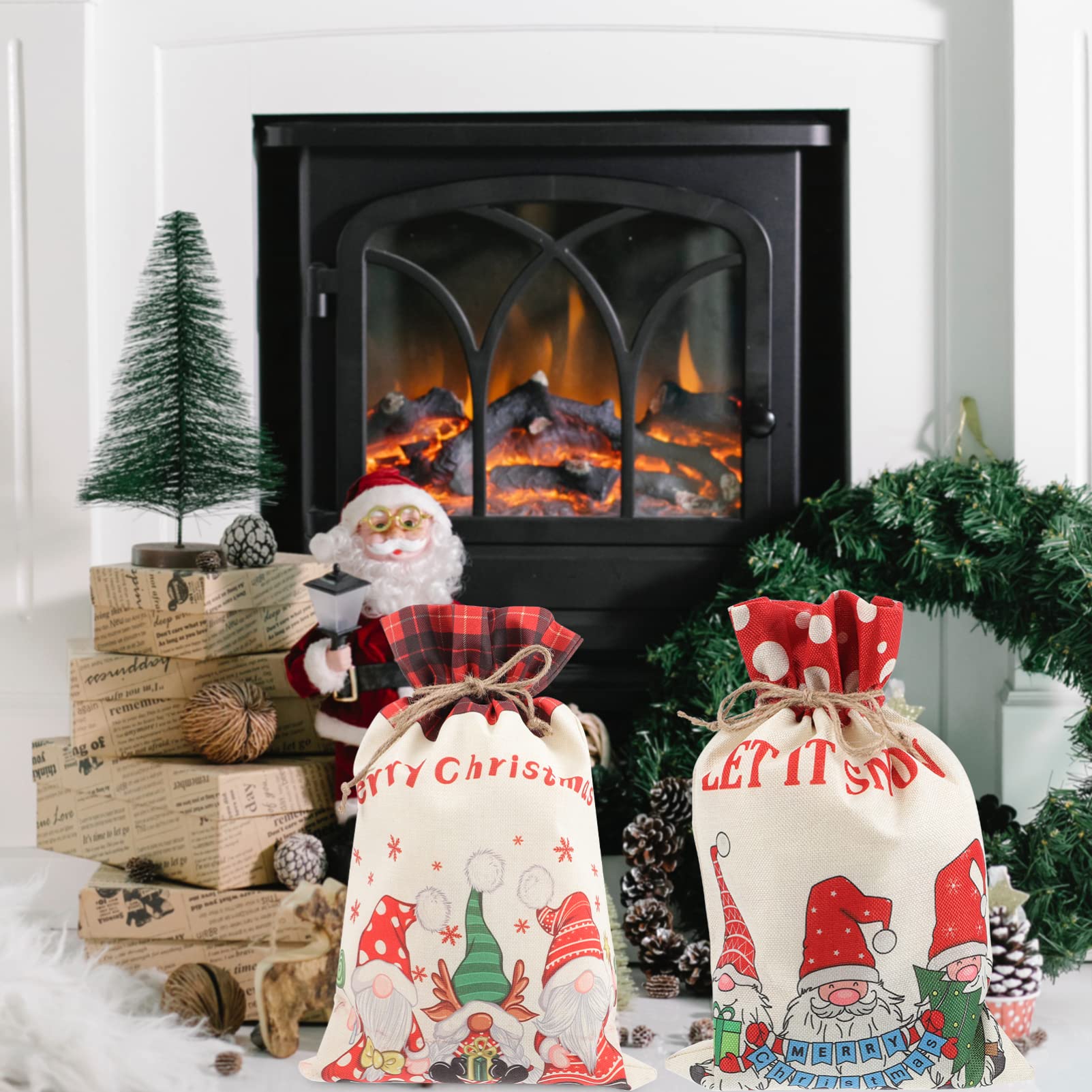 Gadpiparty Christmas Drawstring Bags - Santa Gift Wrapping Bags for Candy & Treats | Linen Party Favor Bags for Holiday Celebrations, Stocking Stuffers & Christmas Gatherings