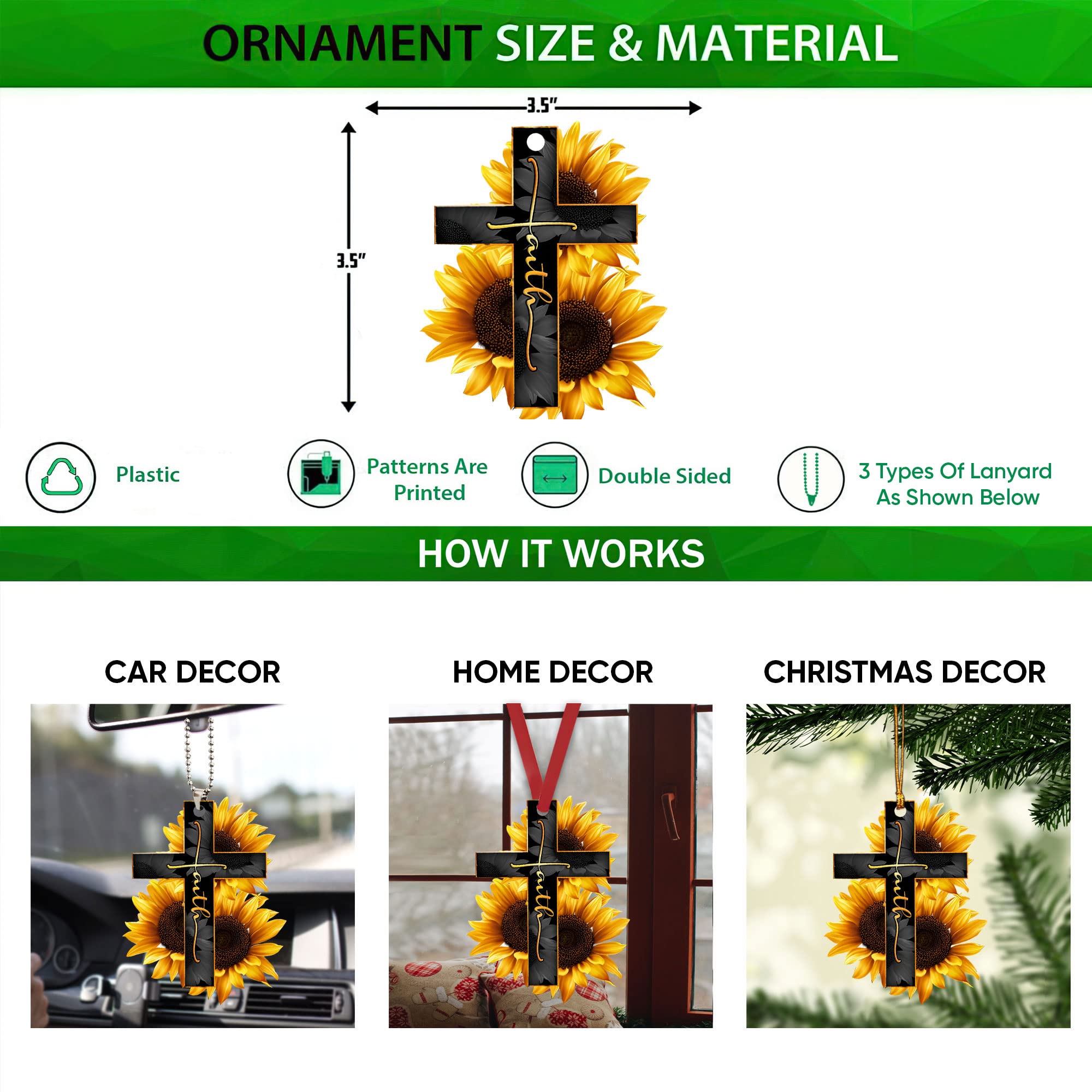Faith-Inspired Sunflower Cross Car Rearview Mirror Charm - Christian 2D Flat Pendant Decor for Vehicles, Christmas Tree Ornament & Gift - Perfect for Daily Commute, Church Visits, and Holiday Decorations