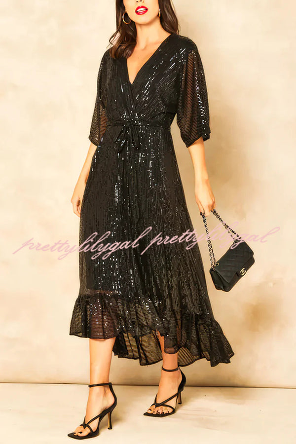 Elegant Solid Color Sequined V-Neck Waist Tie Loose Maxi Dress for Women - Perfect for Evening Parties, Weddings & Special Occasions