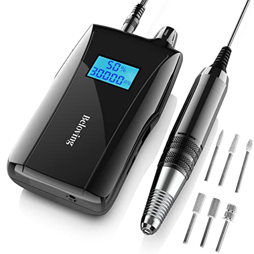 Beloving Professional Rechargeable Nail Drill - 30000 RPM Electric Nail File with LED Display, Portable Efile for Acrylic Nails & Gel Polish - Perfect for Home Manicures & Salon Nail Art (Black)