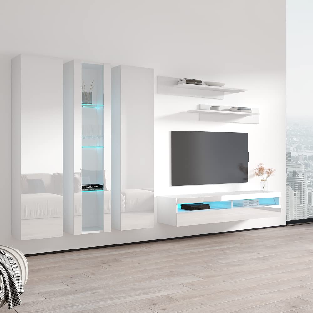 Modern Floating TV Stand with Storage & LED Lights - Wall-Mounted Entertainment Center Console for Bedroom & Living Room - White Meble Furniture Fly C4 35