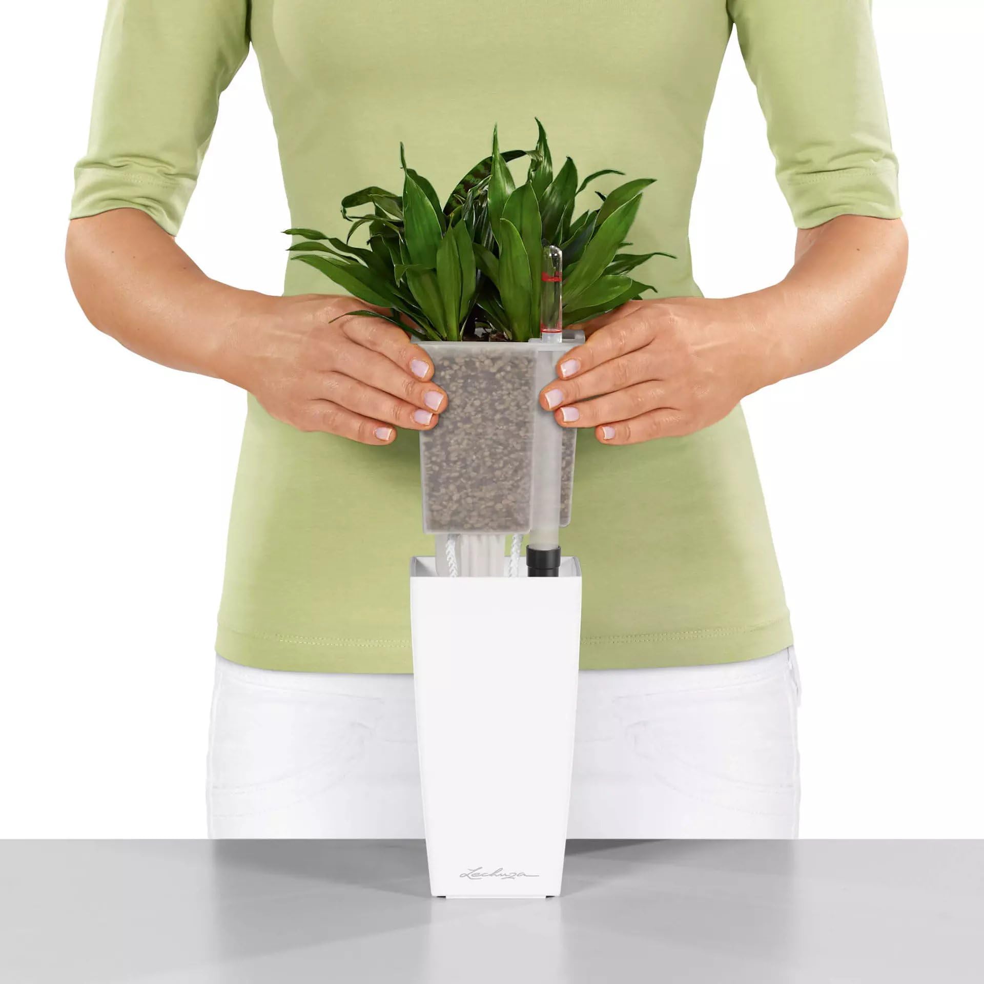 Lechuza Cubi Premium 9 Self-Watering Planter with Water Level Indicator - Mini White High-Gloss Flower Pot for Indoor Plants, Succulents & Herbs | Perfect for Home, Office & Balcony Decor