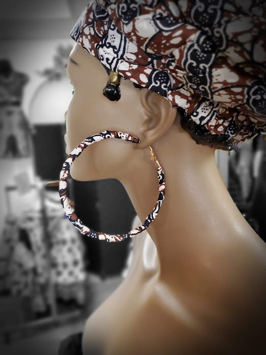 African Print Hoop Earrings - Brown & White Tribal Jewelry for Women | Boho Chic Accessories for Parties, Weddings & Everyday Wear