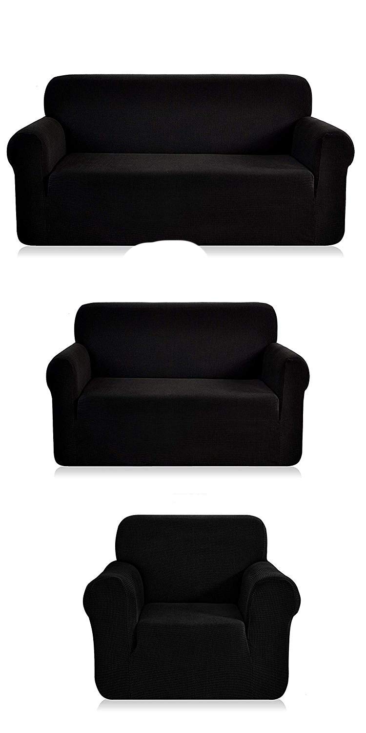 Premium Stretch Fabric Slipcover Set for Sofa, Loveseat & Chair - 3 Piece Furniture Protector (Black) - Waterproof & Anti-Slip - Perfect for Living Room, Family Room & Home Decor