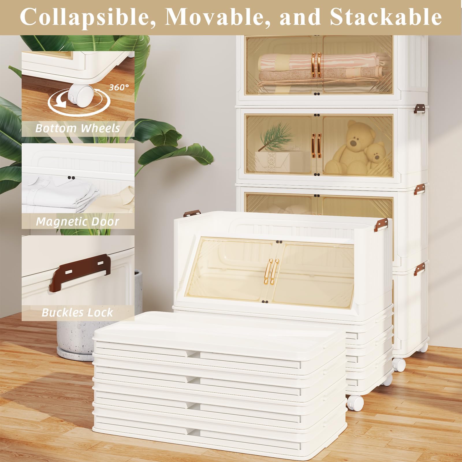 120 Gallon (480 Qt) Stackable Storage Bins with Lids - 4 Pack Large White Collapsible Storage Containers with Wheels | Foldable & Customizable for Home, Office, Garage & Closet Organization | Perfect for Seasonal Decor, Toys, Clothes & Household Items Storage