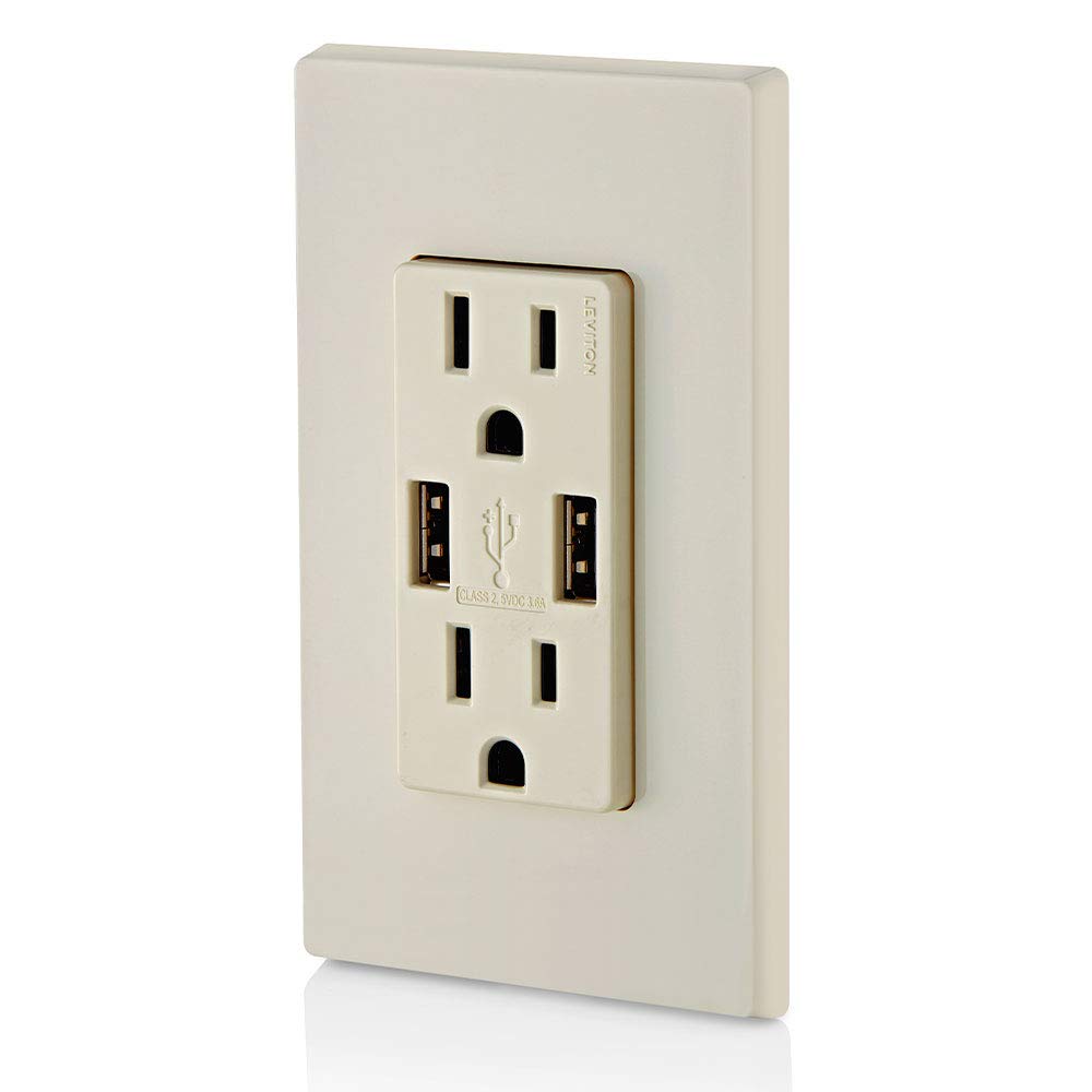 Leviton T5632-T 15A Tamper-Resistant Outlet with Dual USB Charger Ports - In-Wall Smartphone Charging Station for iPhone, Android - Light Almond Finish for Home & Office Use