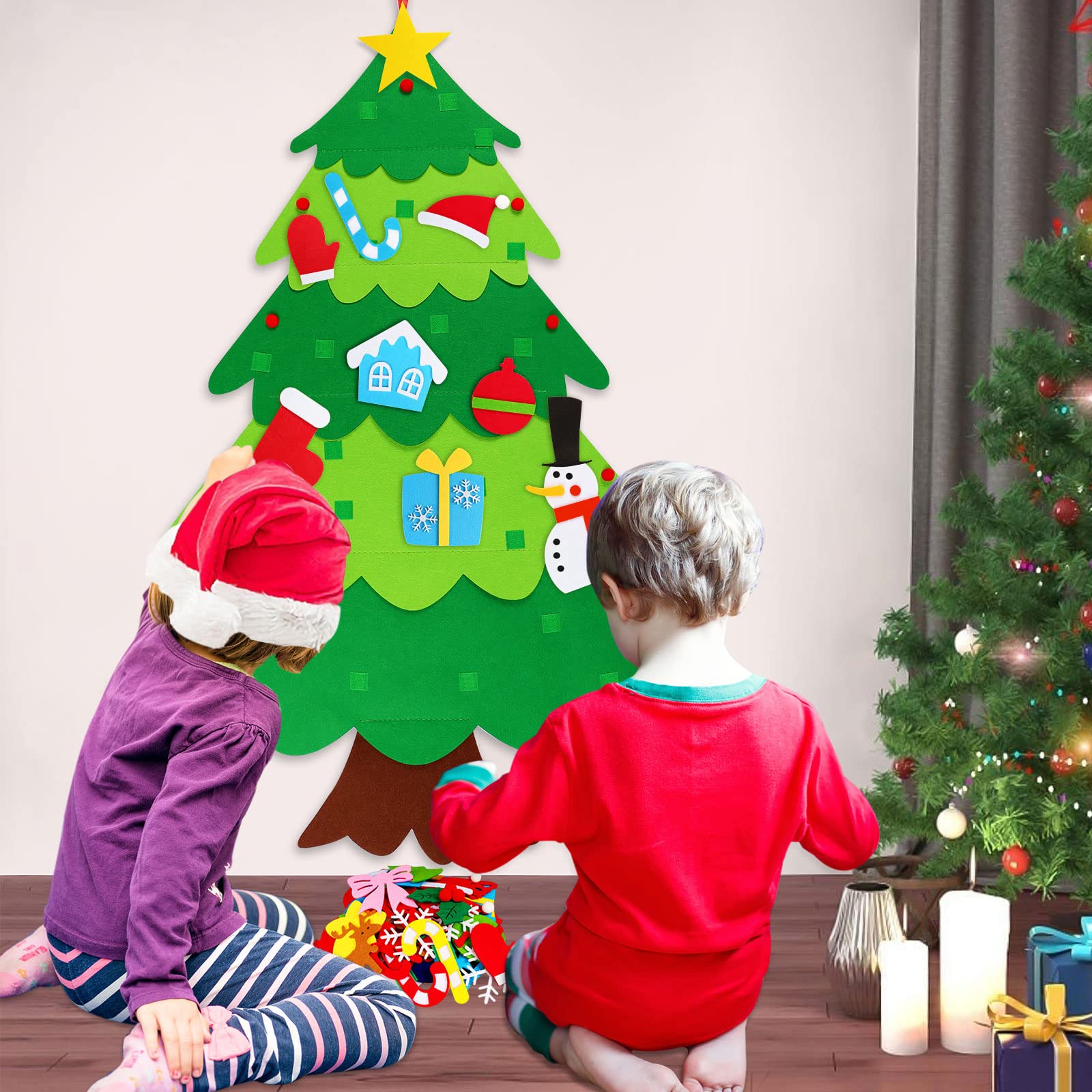 DIY Felt Christmas Tree Wall Hanging with LED String Lights & 32 Detachable Ornaments - Holiday Home Decor for Parties, Living Room, Bedroom & Nursery Decorations