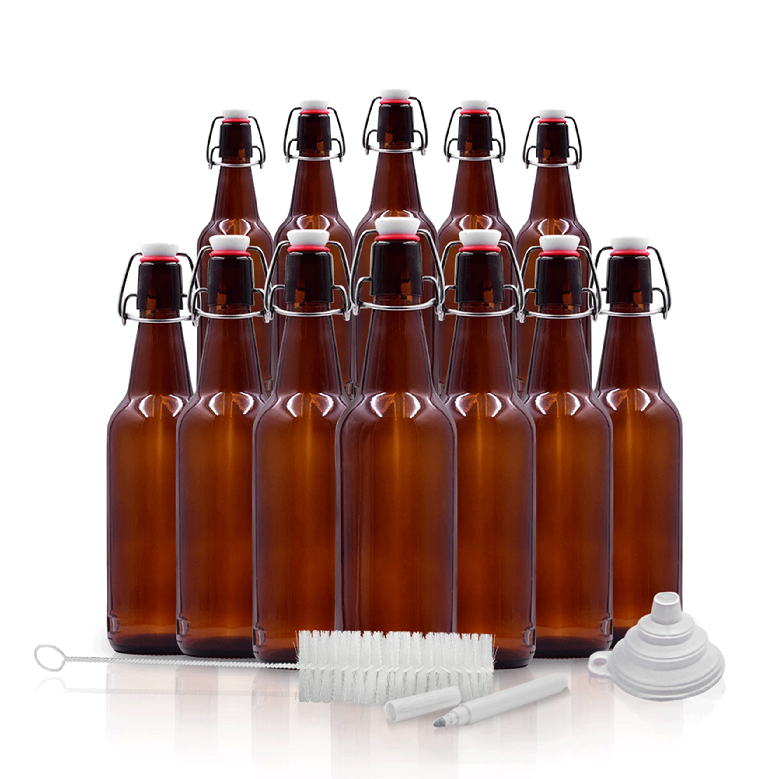 Nevlers 12 Pack 16oz Amber Glass Beer Bottles with Caps - Home Brewing Kit Includes Funnel, Brush & White Marker - Reusable Empty Bottles for Craft Beer, Kombucha, Cider & Homemade Beverages - Perfect for DIY Brewing & Gifting