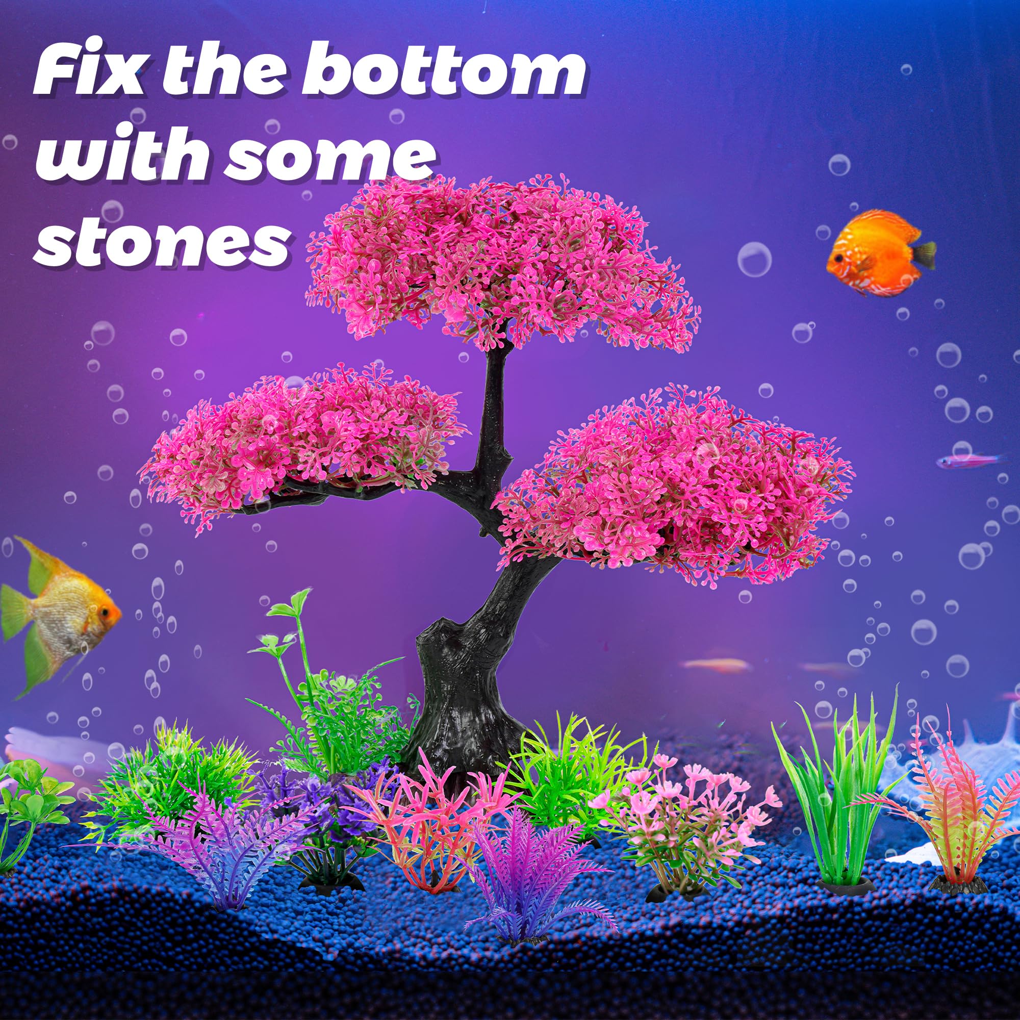 Ameliade Artificial Aquarium Plants Decor - Pink Cherry Blossom Tree Set for Fish Tank, Goldfish & Betta Hiding Accessories | Perfect for Freshwater Aquariums, Home & Office Decor