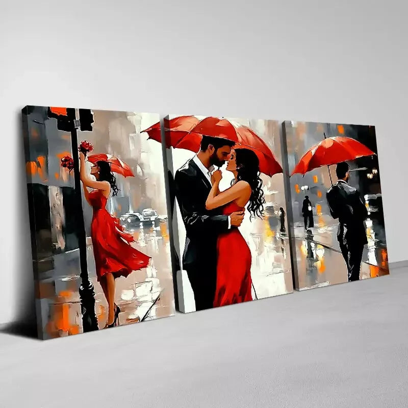 3-Piece Romantic Couple with Umbrella Rainy Day Wall Art Set - Framed Canvas 40x60cm - High Quality Print - 100% Australian Made - Ready to Hang - Perfect for Living Room, Bedroom & Office Decor