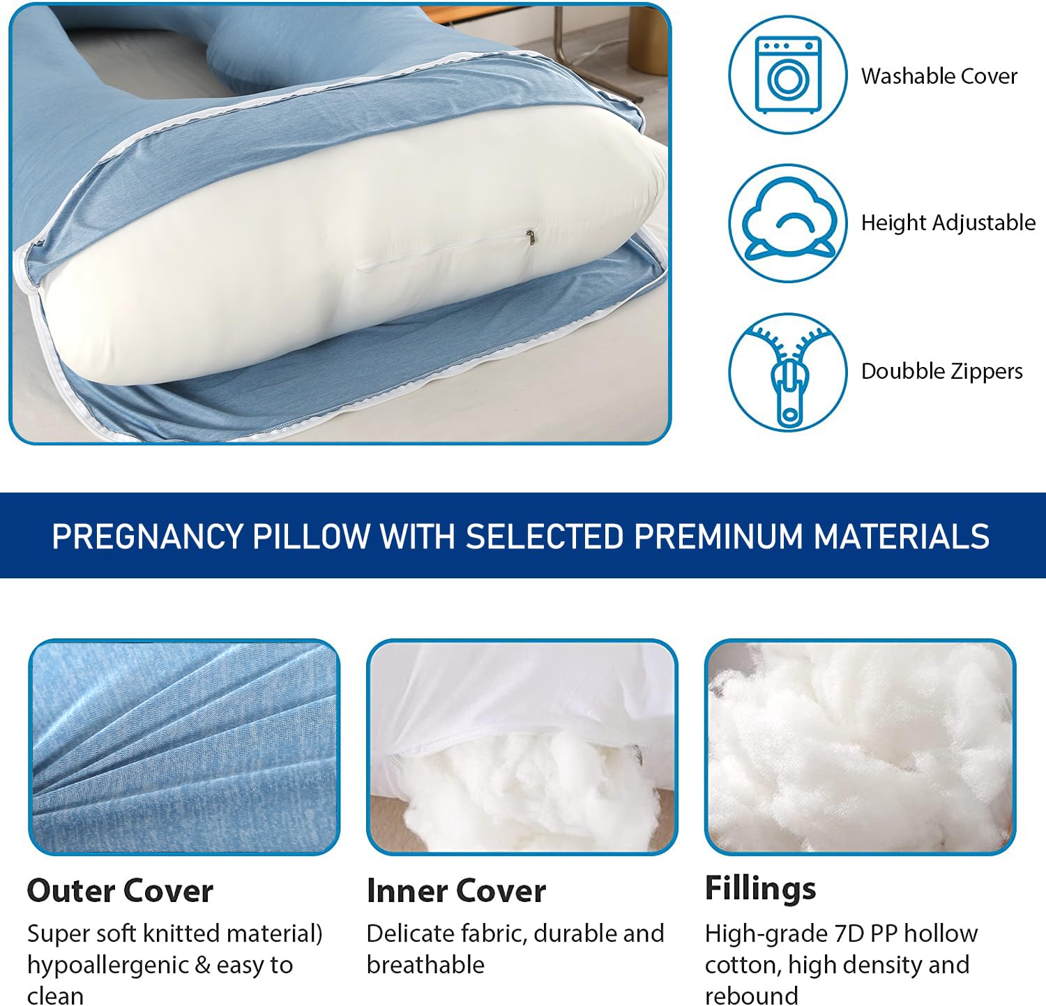 Cauzyart U-Shaped Pregnancy Pillow - Full Body Maternity Support Pillow for Pregnant Women with Cooling Silky Cover (Blue) | Comfortable Sleeping Aid for Side Sleepers & Expecting Mothers