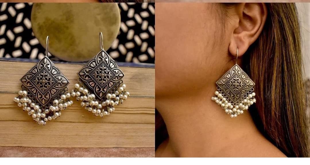 Paninaro Pearl Work Oxidized Afghani Hook Earrings for Women & Girls - Elegant Boho Jewelry for Parties, Weddings & Everyday Wear
