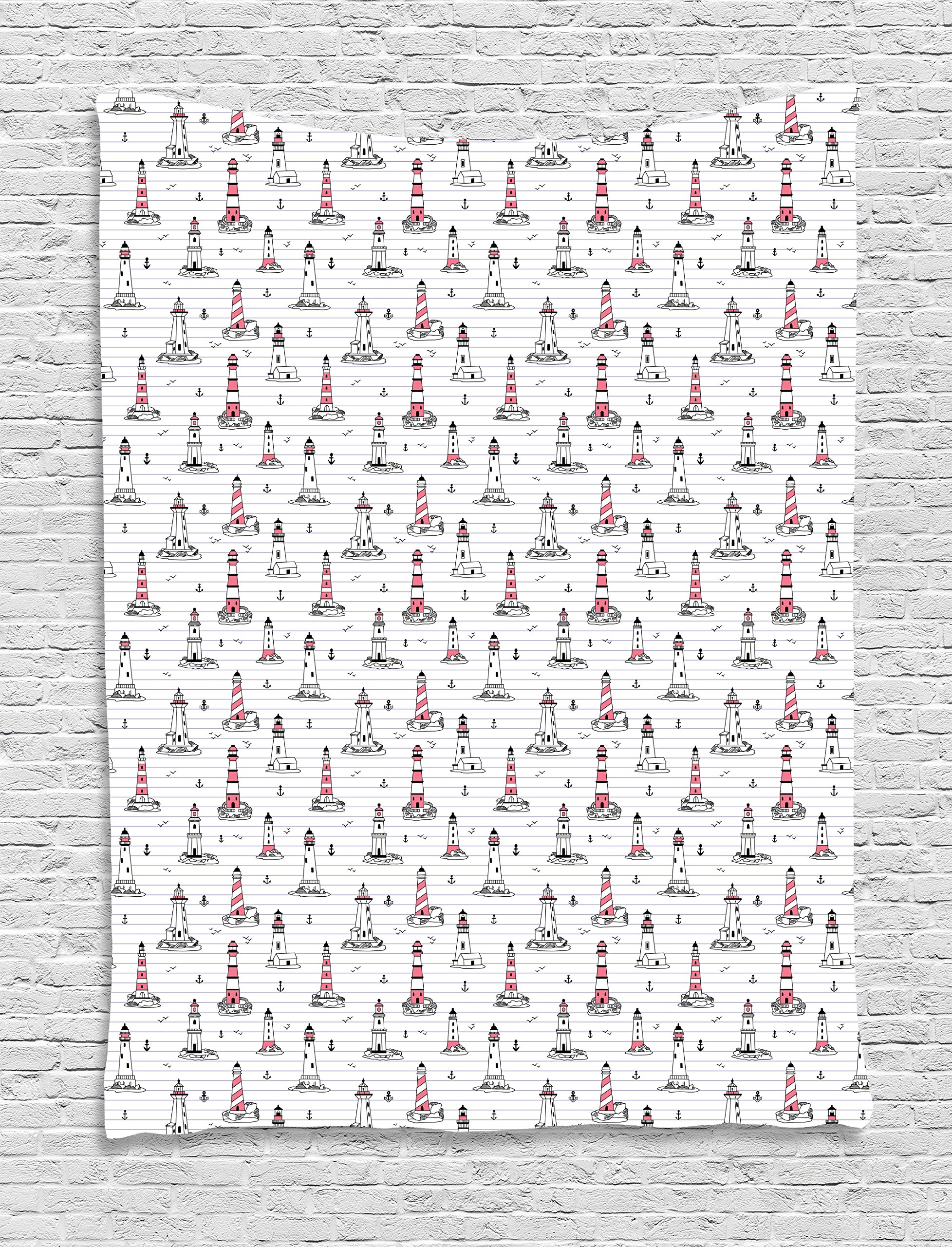 Ambesonne Lighthouse Tapestry - Nautical Themed Wall Art with Seagulls and Anchors in Doodle Style, 40