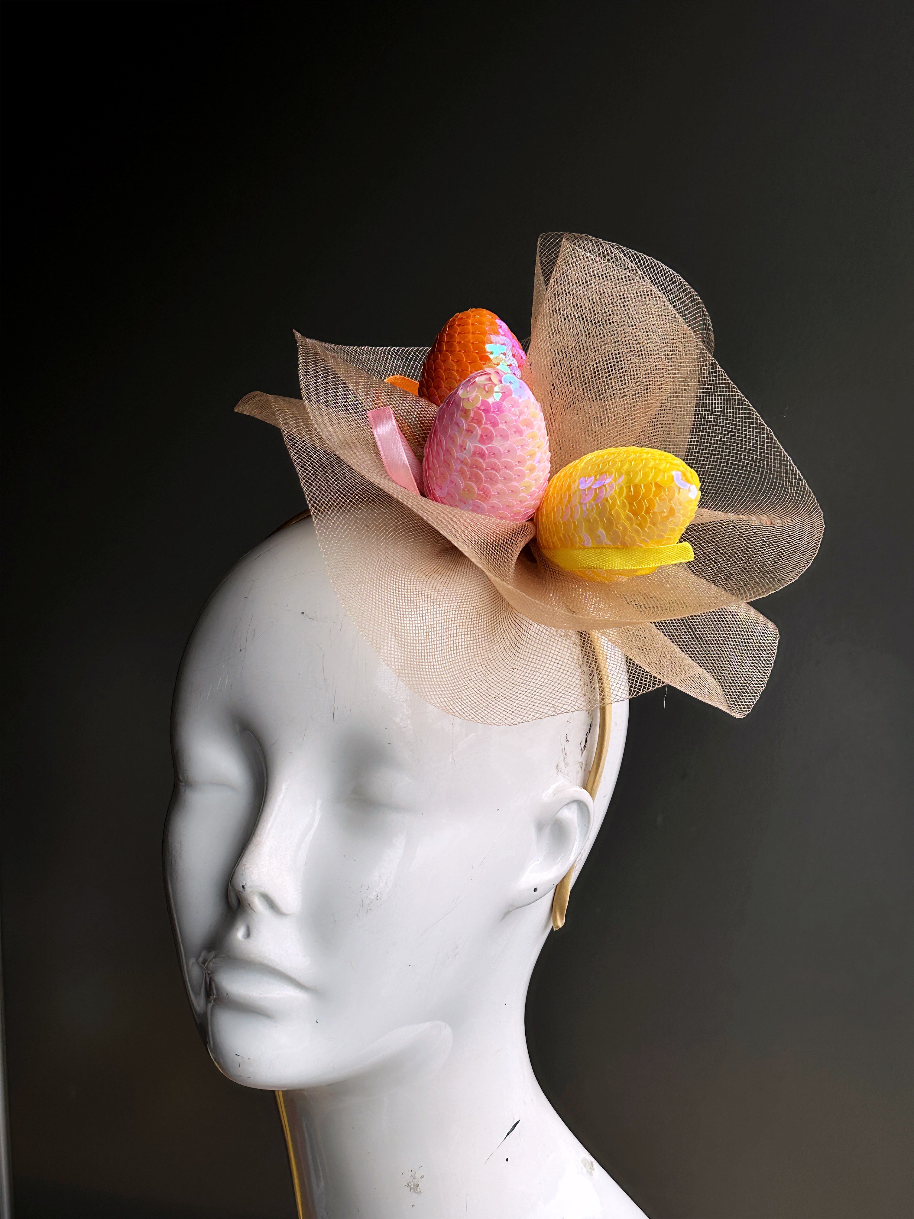 Golden Sequin Easter Eggs Fascinator - Sparkling Hair Clip for Easter Parties, Weddings & Special Events