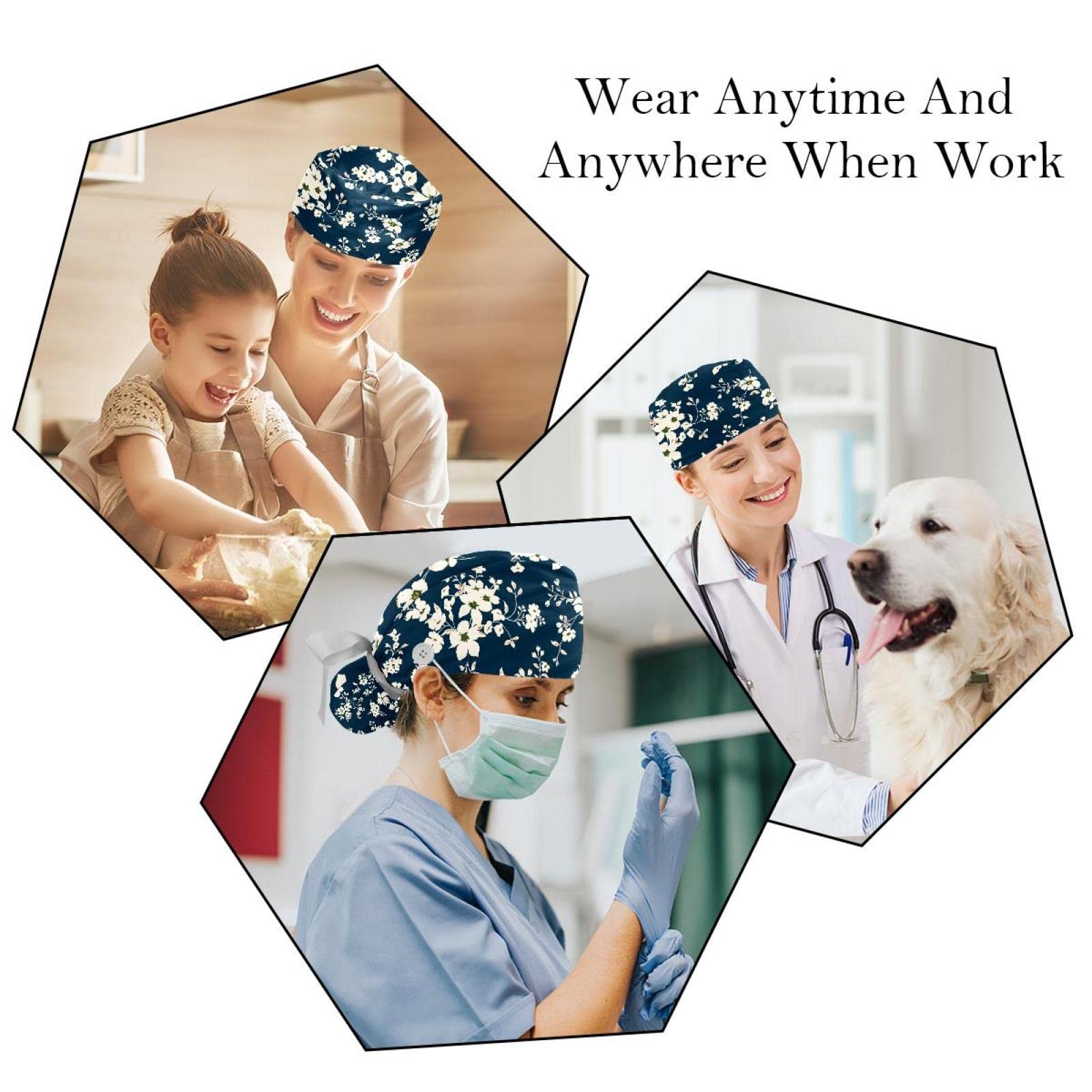 Black & White Floral Scrub Hats for Women & Men - 2 Pack Long Hair Surgical Caps with Button Closure & Sweatband - Unisex Tie Back Nurse Doctor Chef Hat for Hospital, Kitchen & Salon Use
