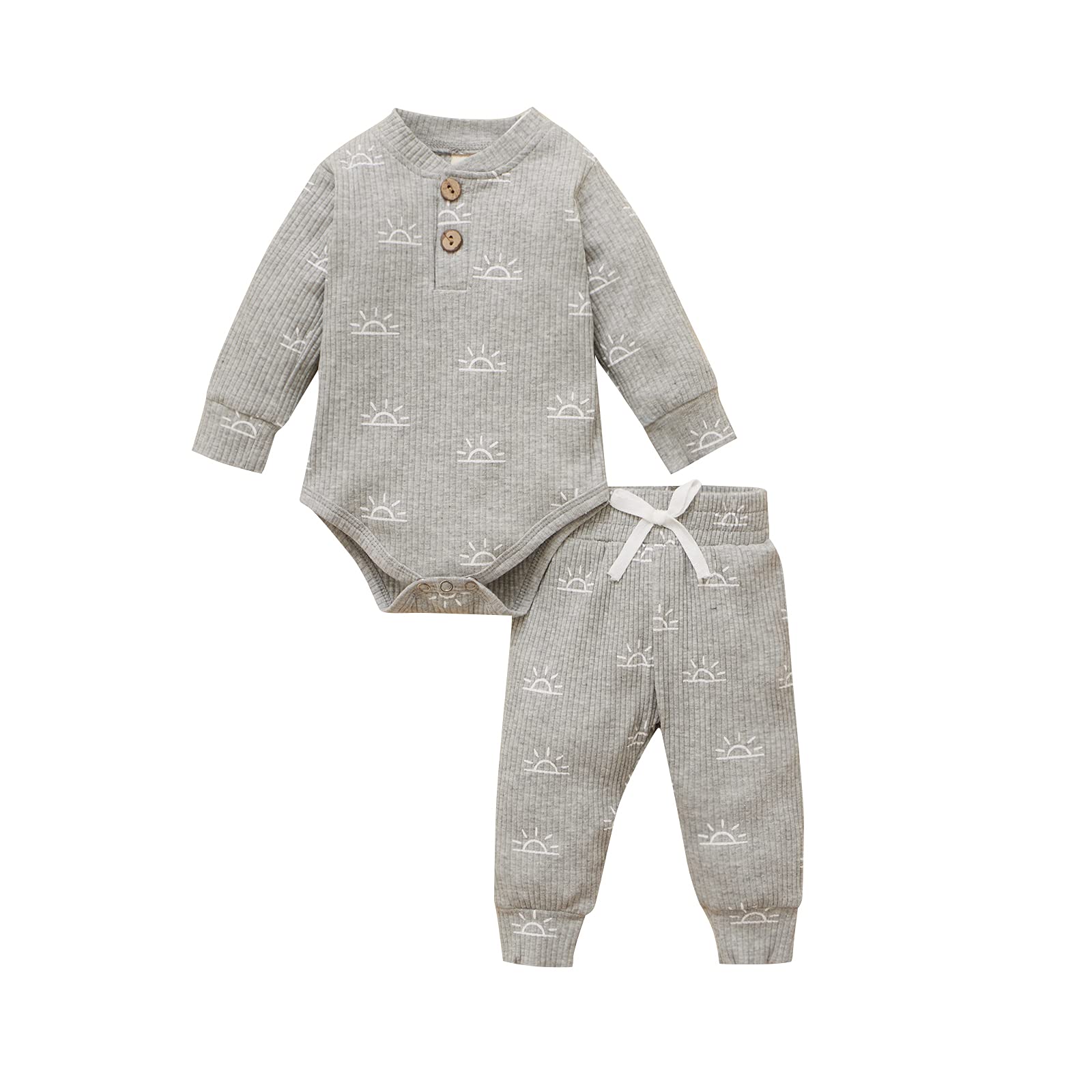 Newborn Baby Boy Girl Autumn Clothes Set - Cute Sun Print Long Sleeve Romper & Drawstring Pants 2PC Ribbed Outfit for Fall | Perfect for Family Photos, Playdates & Seasonal Outings