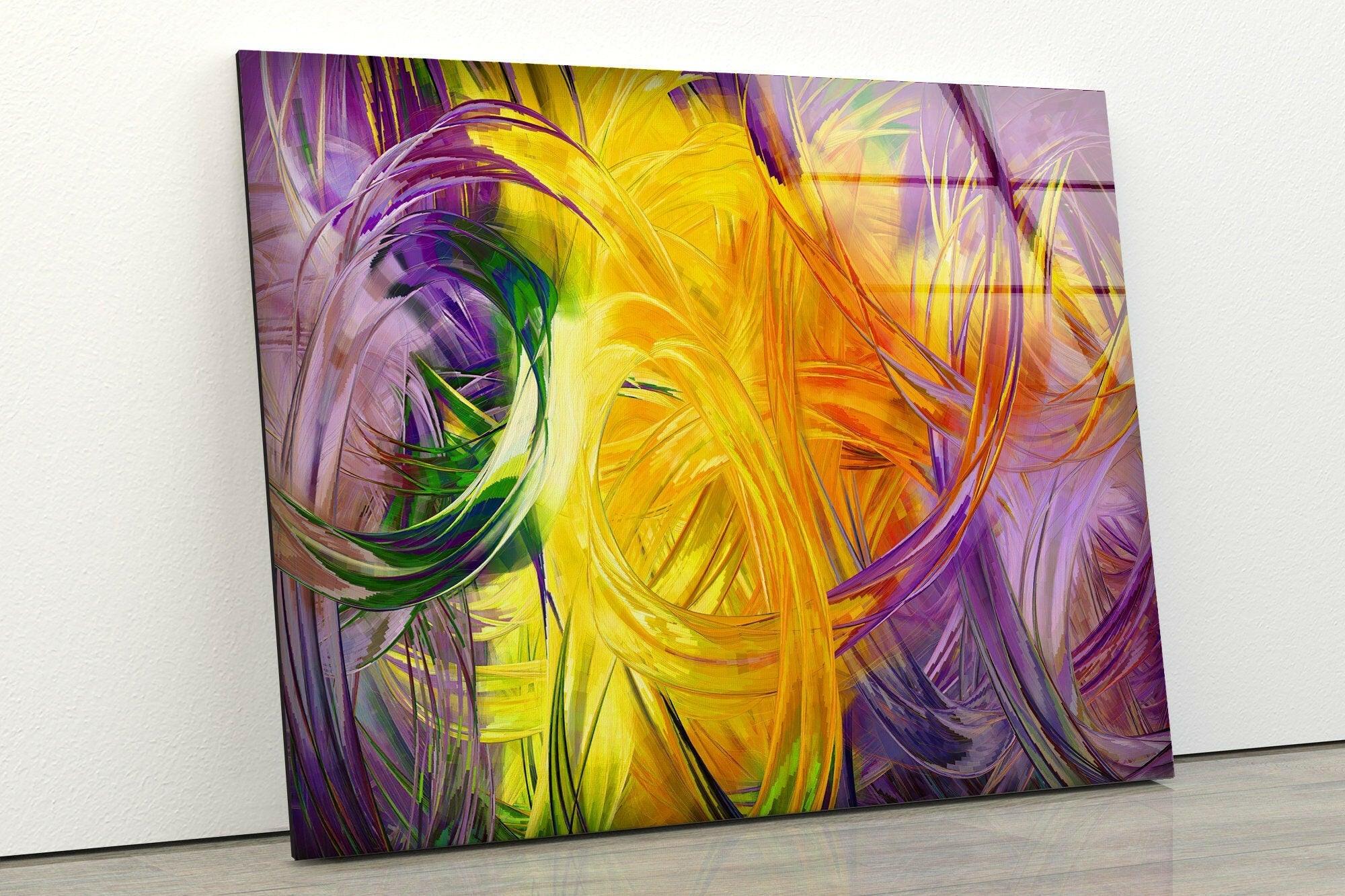 Abstract Art Yellow Fractal Glass Wall Decor - Modern Geometric Artwork for Living Room, Bedroom & Office Decor