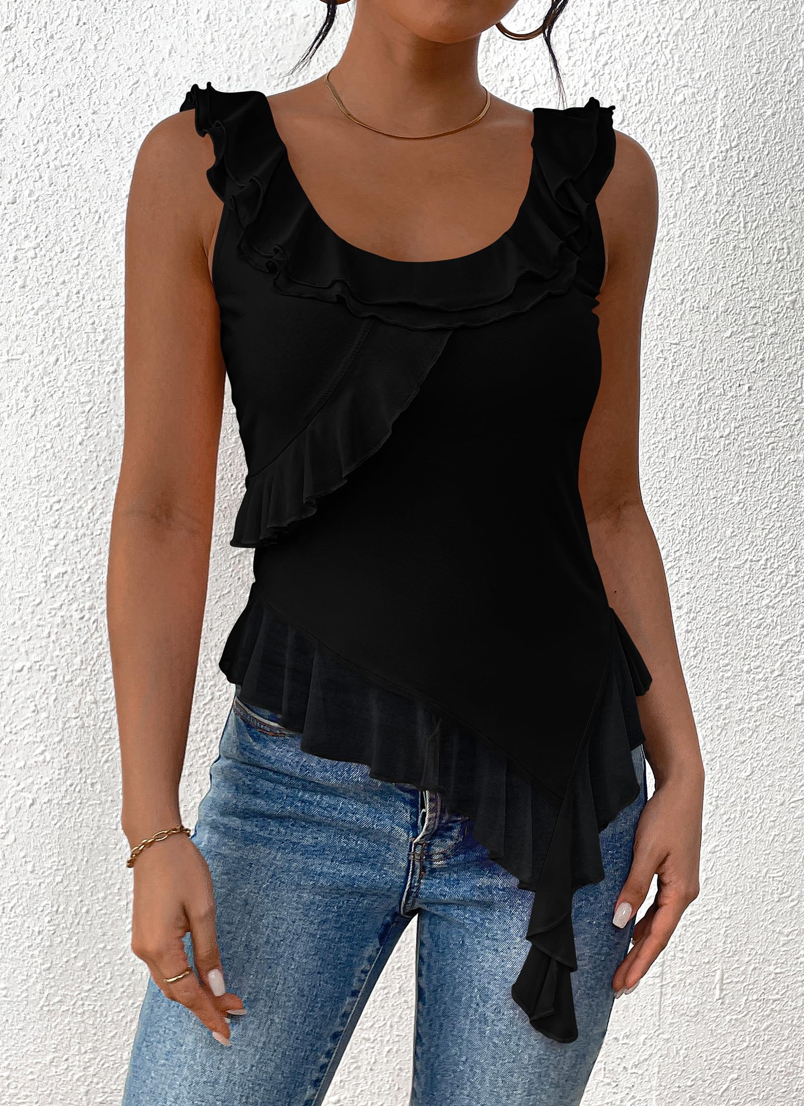 PRETTYGARDEN Women's Y2K Sleeveless Asymmetrical Mesh Crop Top | Fitted Party Tank Top | Summer 2024 Fashion | Perfect for Clubbing, Concerts & Night Out