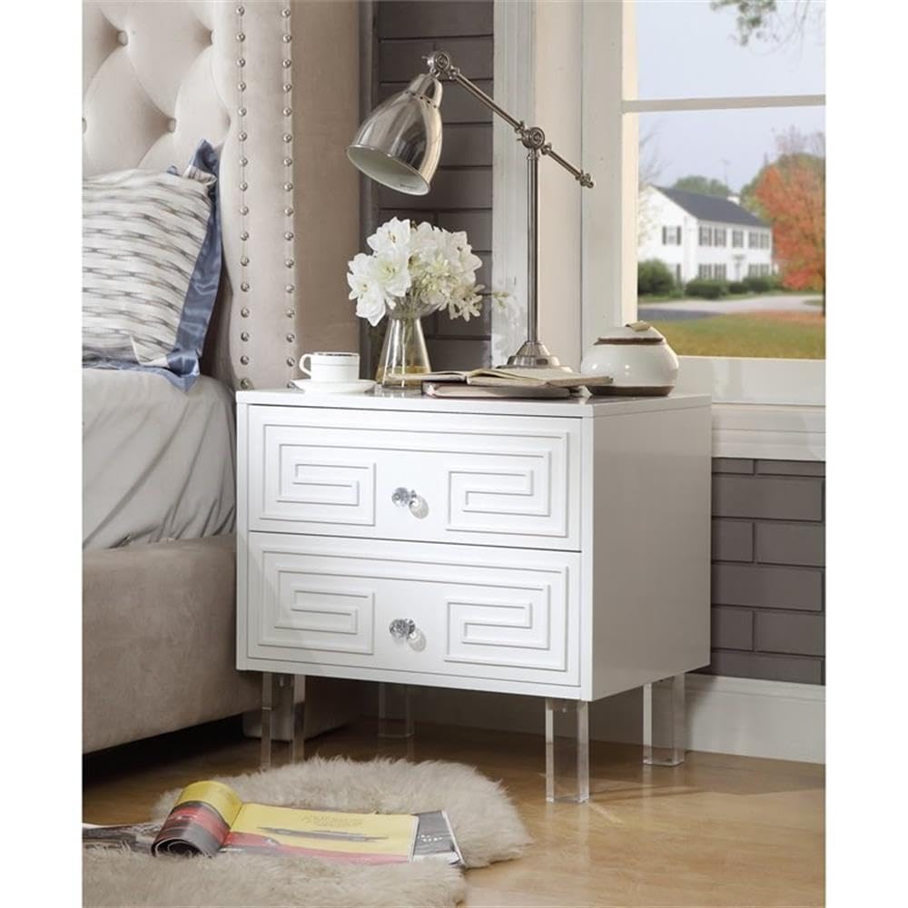 White Melanie 2-Drawer Nightstand with Clear Lucite Legs - Modern Bedside Table for Bedroom, Living Room & Guest Room
