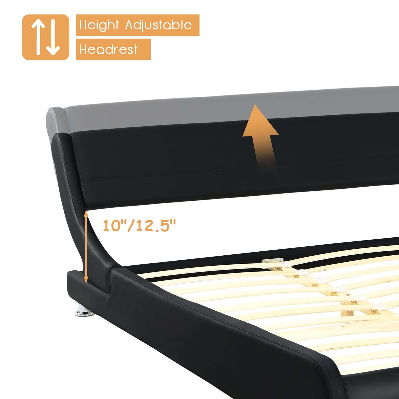 Giantex Full Size Upholstered Platform Bed Frame with Adjustable Headboard - Faux Leather Low Profile Curved Design, Wood Slat Support, No Box Spring Needed - Perfect for Modern Bedrooms, Guest Rooms & Small Spaces
