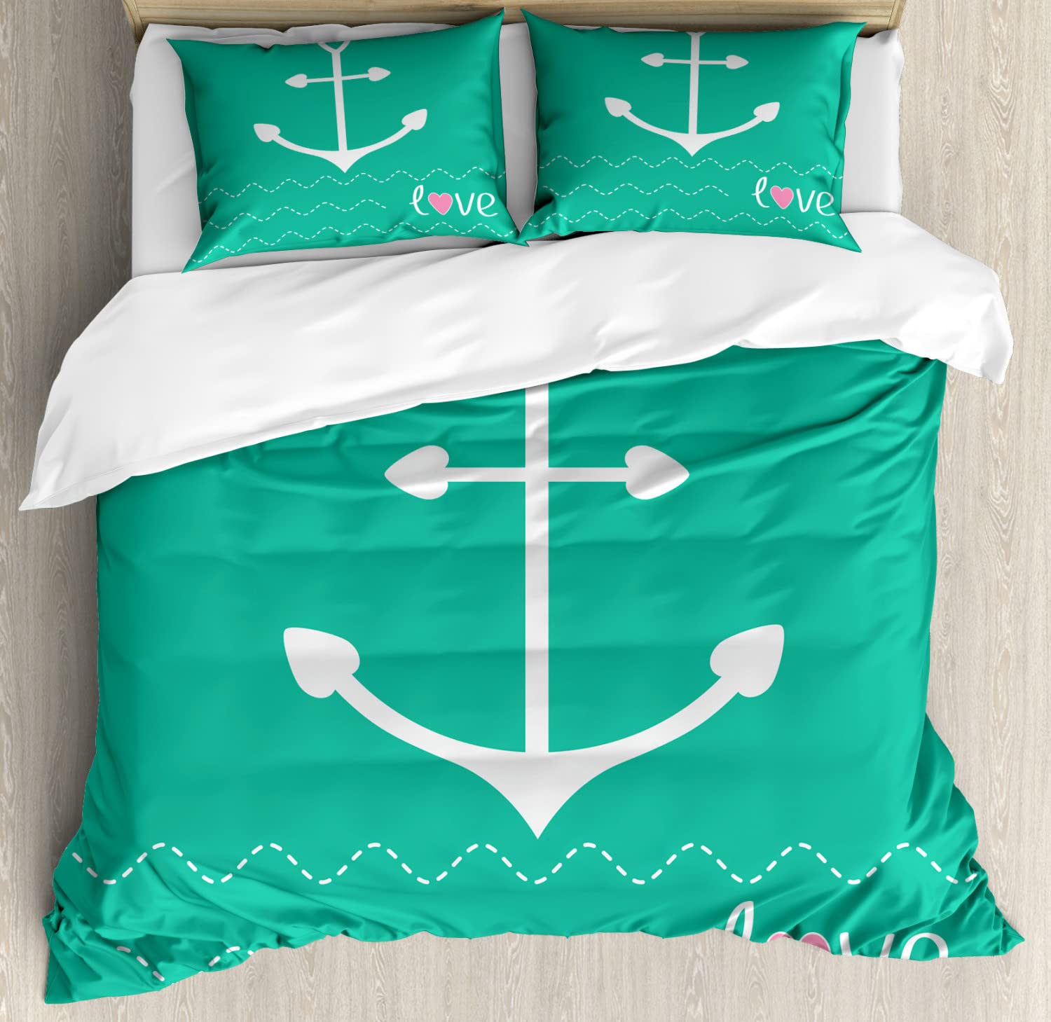 Ambesonne Anchor Duvet Cover Set - Nautical Sailor Theme with Heart & Wave Design, 2-Piece King Size Bedding Set (2 Duvet Covers + 4 Pillowcases) in Green, Pink & White - Perfect for Coastal, Beach House or Marine-Themed Bedroom Decor