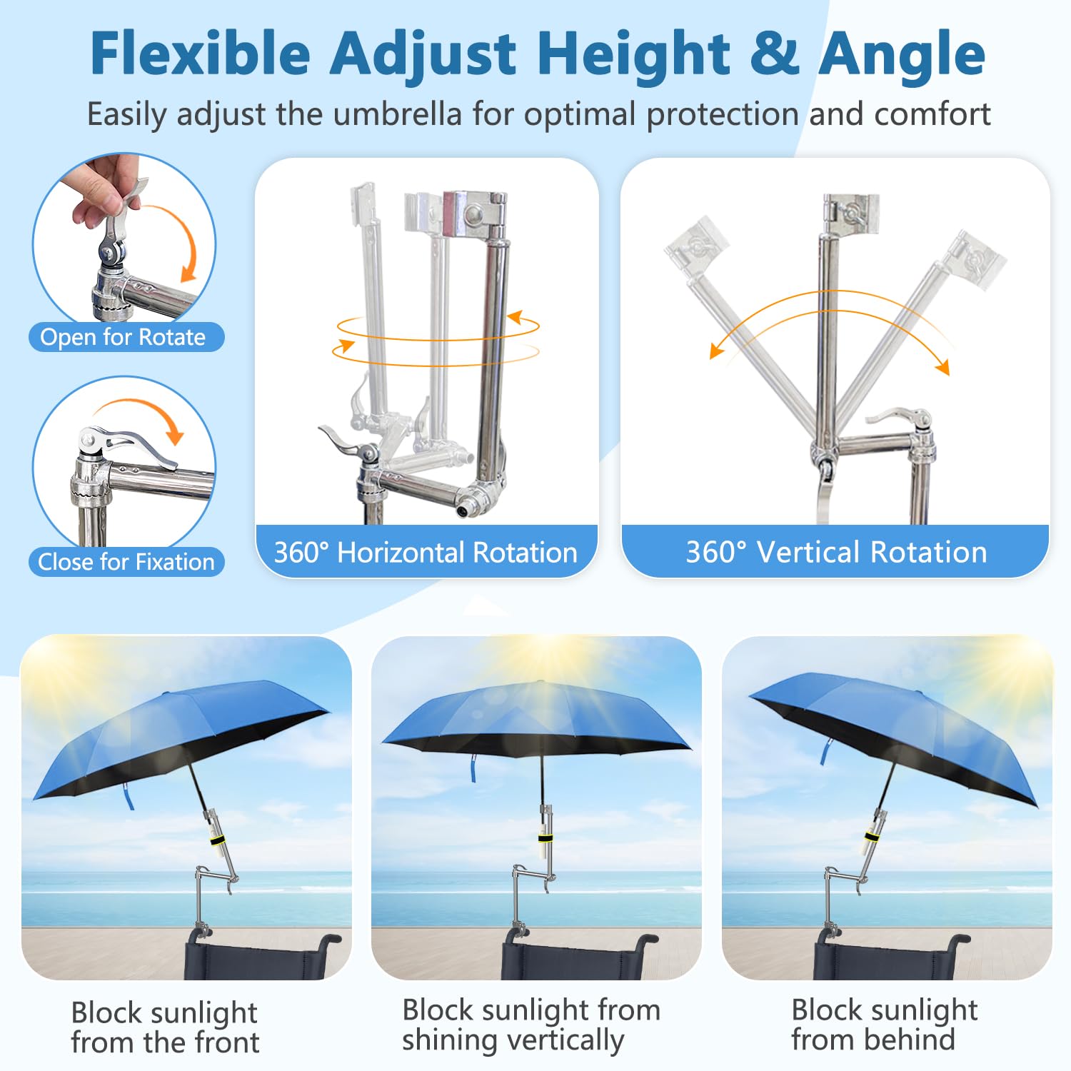 Wheelchair Umbrella Mount Holder - Adjustable Golf & Stroller Umbrella Attachment - Universal Clip Stand for Beach Chairs, Bikes, Walkers & Rollators - Perfect for Outdoor Activities, Travel & Mobility Assistance