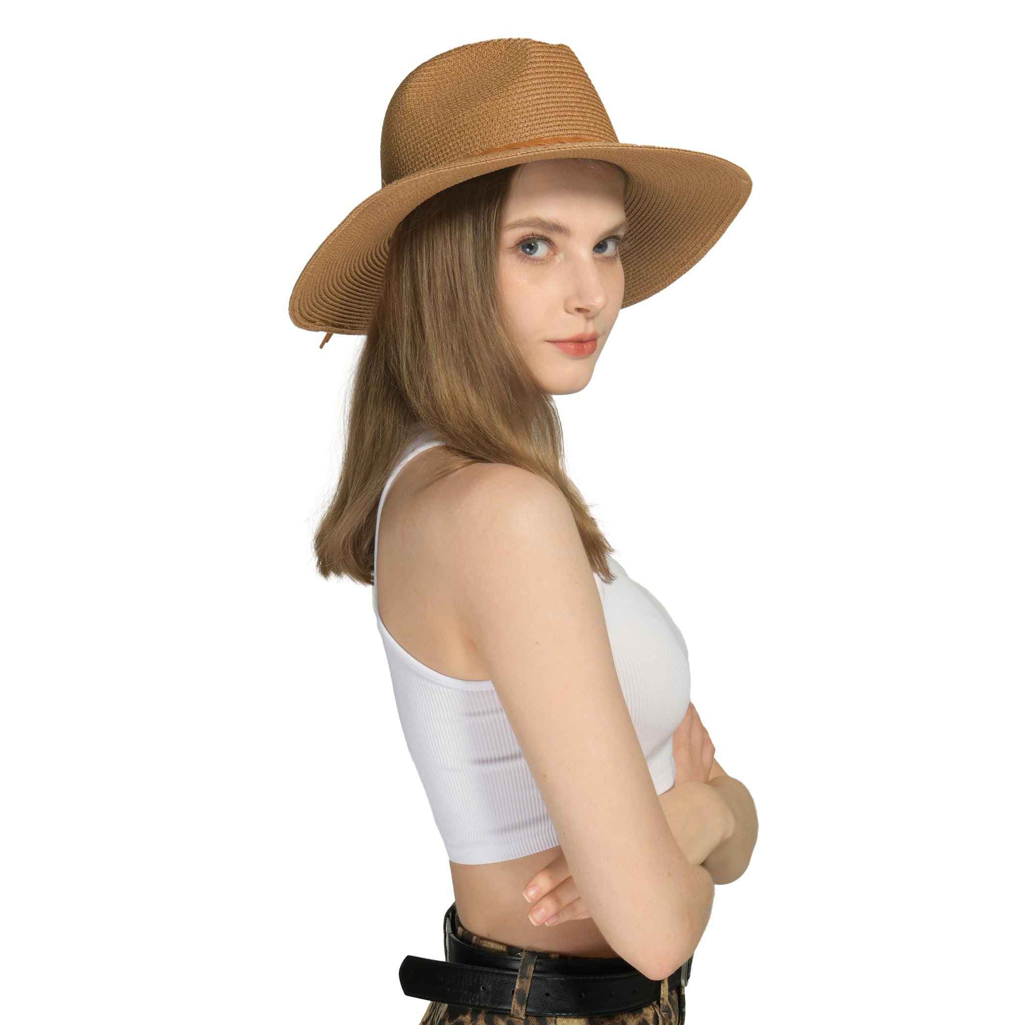 Women's Wide Brim Sun Hat with Wind Lanyard - UPF 50+ Straw Beach Hat for Summer Travel - Lightweight & Breathable for Outdoor, Beach Vacations & Gardening - Beige