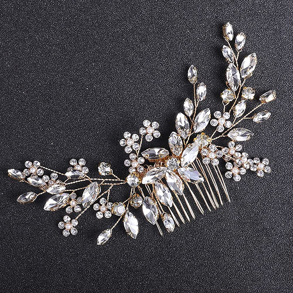 Crystal Bridal Hair Comb with Rhinestone & Pearl for Wedding - Gold