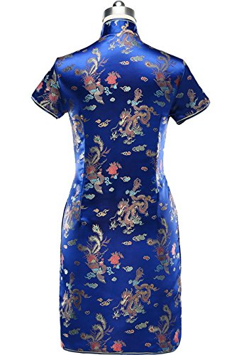 7Fairy Women's Vintage Navy Blue Dragon Print Mini Cheongsam Qipao Dress - Perfect for Prom, Chinese New Year, and Cultural Events