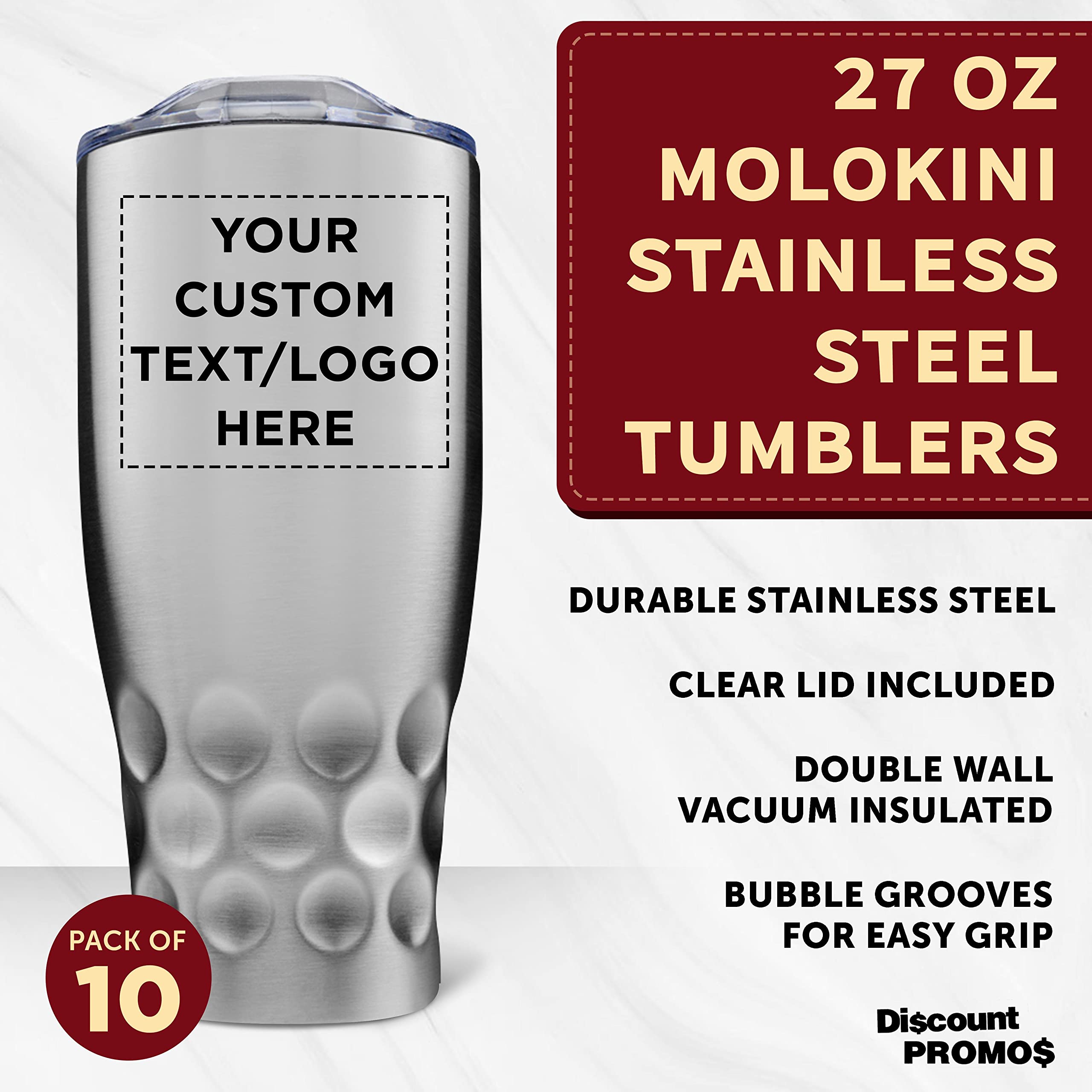 Custom Stainless Steel Tumblers 27 oz (Set of 10) - Double Wall Insulated Personalized Bulk Pack - Keeps Hot & Cold Beverages Perfect Temperature - Ideal for Coffee, Iced Tea, Smoothies, Office, Camping & Outdoor Activities - Silver
