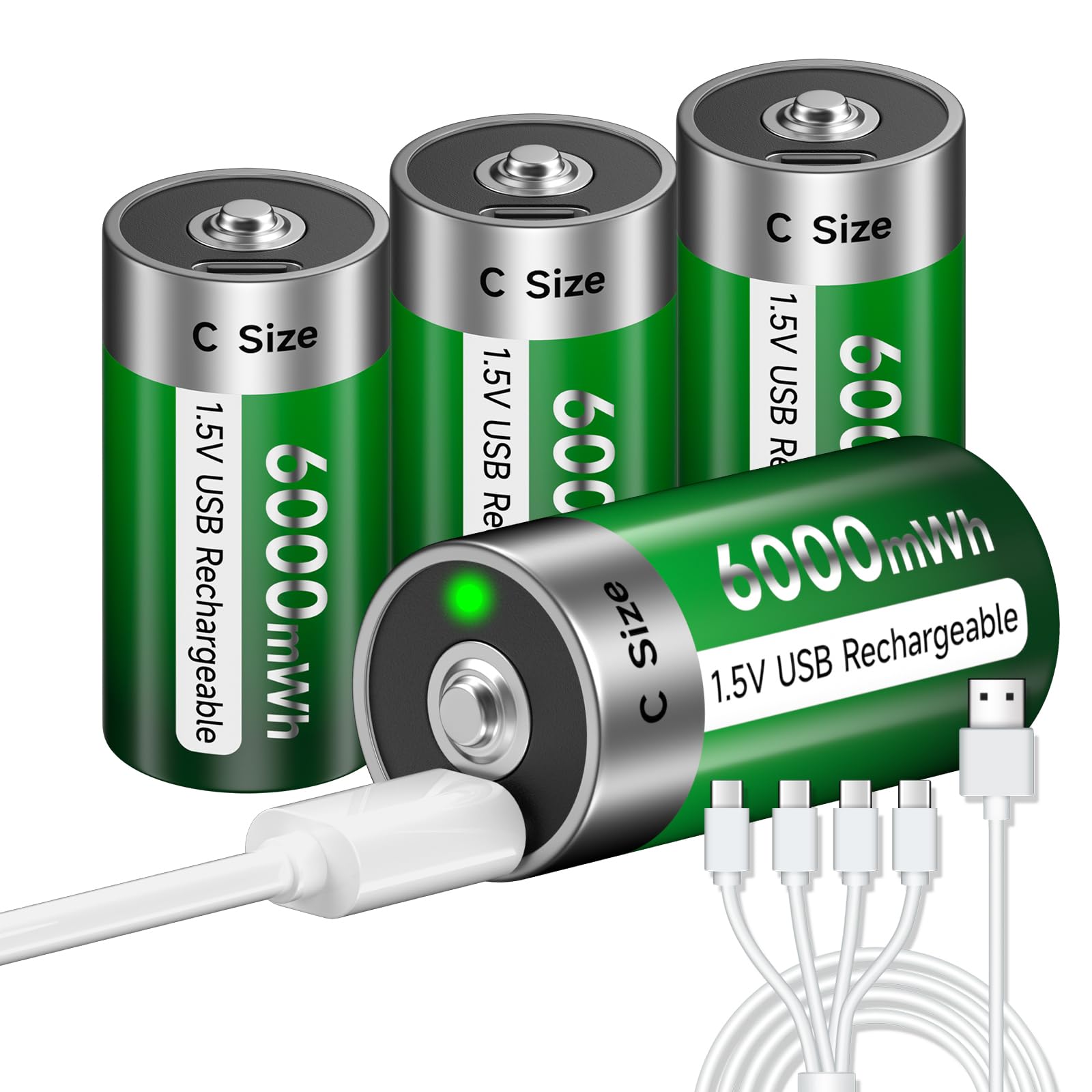 USB Rechargeable C Batteries 4-Pack - 1.5V 6000mWh Lithium Batteries with Type-C Charger, 1500+ Charge Cycles, LED Indicator - Perfect for Flashlights, Toys, Radios & Emergency Kits