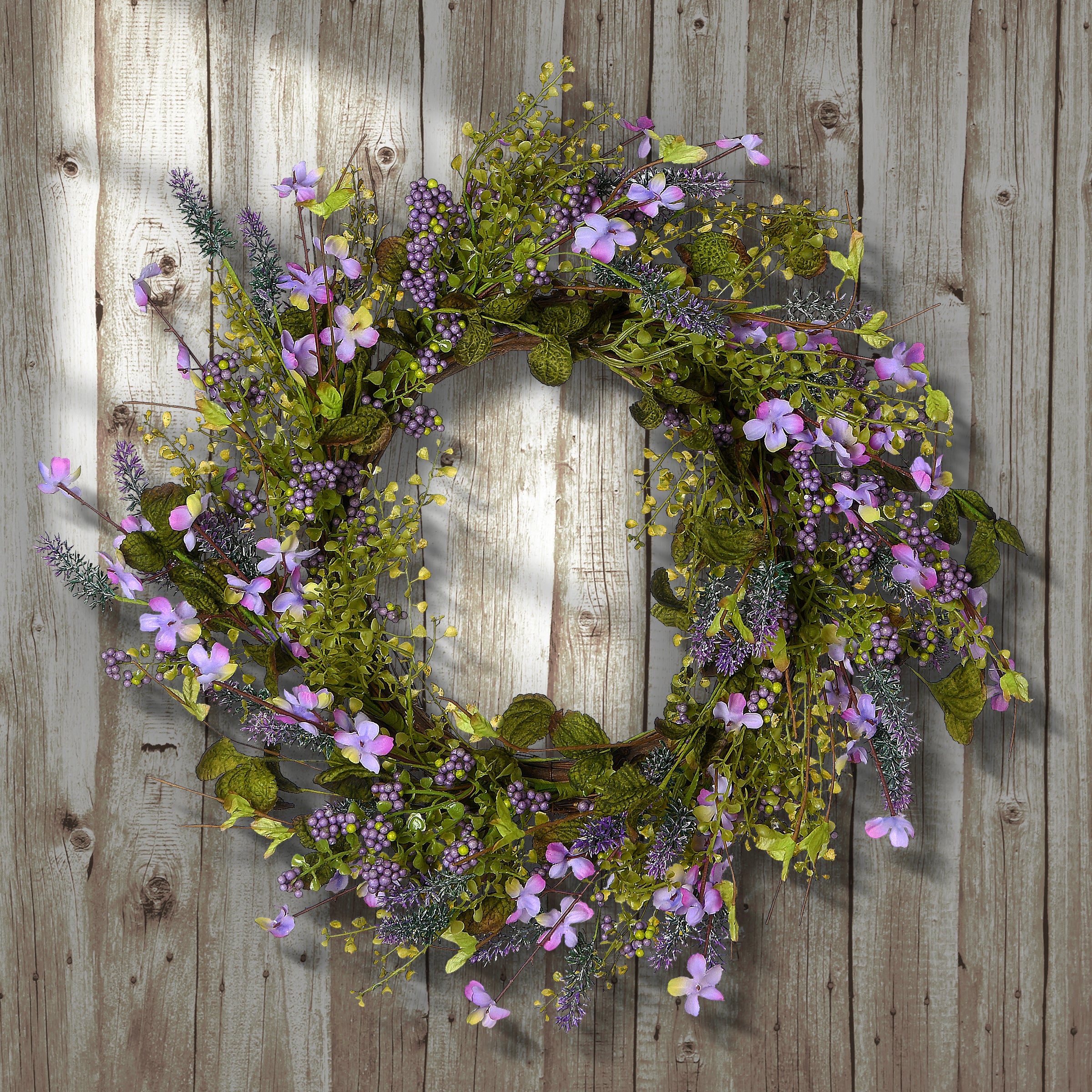 22 Inch Spring Wreath with Lavender Flowers, Berries & Green Stems - Elegant Door Decor for Easter, Mother's Day & Home Entryway
