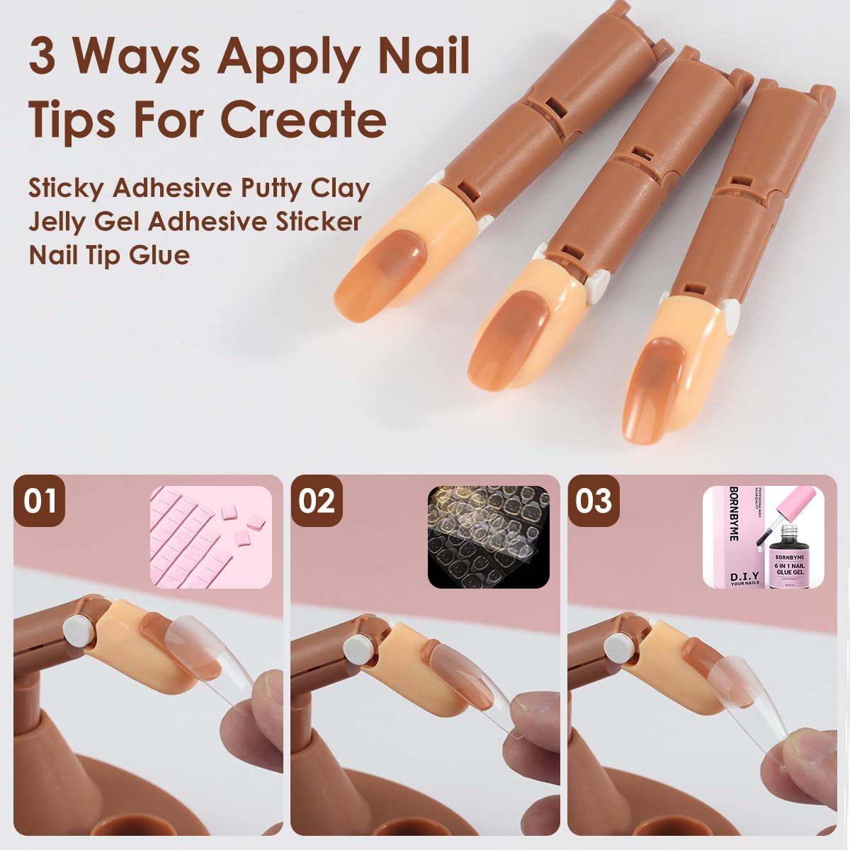 BORNBYME Acrylic Nail Practice Kit with Stand - 3 Adjustable Fake Fingers, 100 Brown Nail Tips - Professional Nail Training Set for Beginners - Perfect for Salon Practice & Home Nail Art DIY