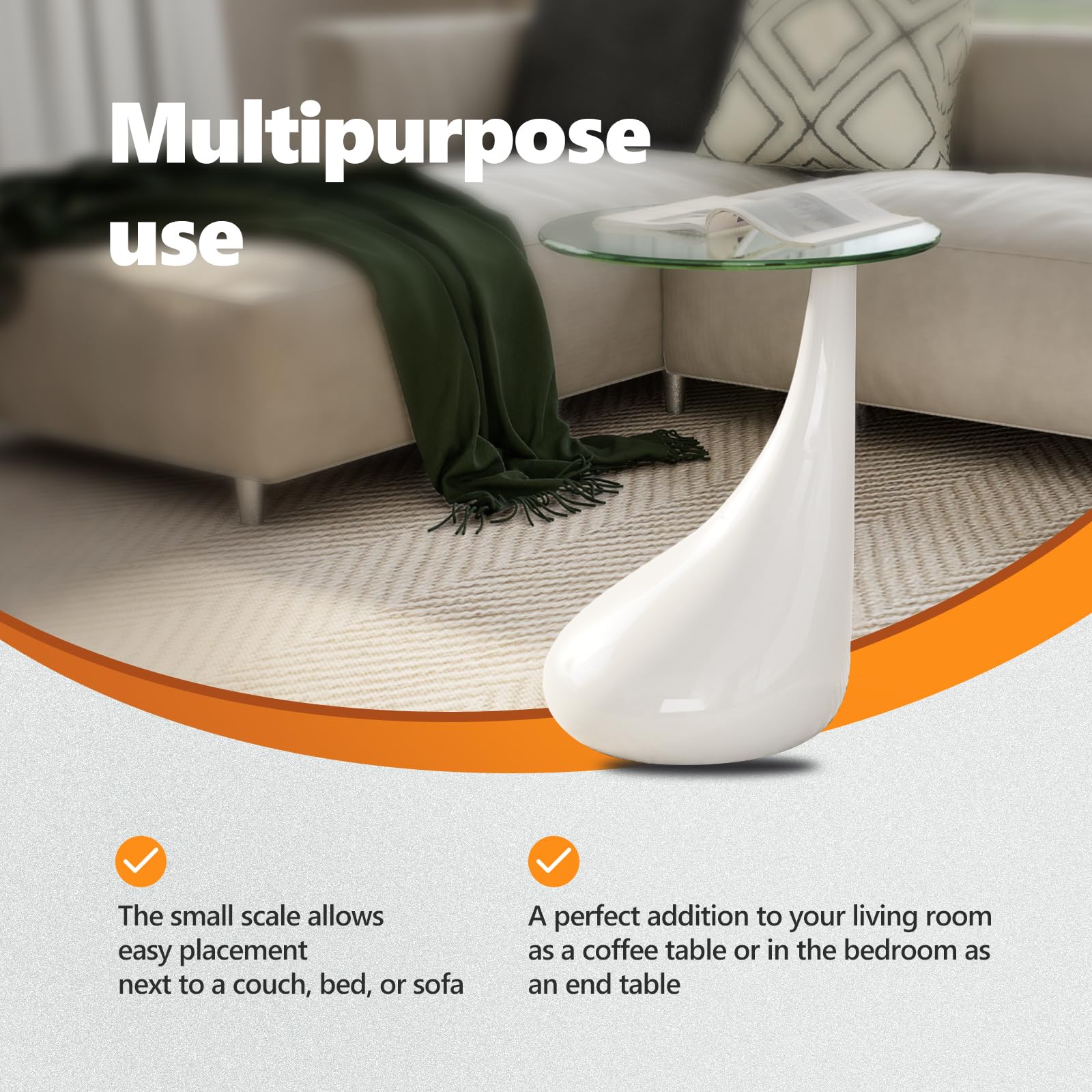 vidaXL Modern Coffee Table with Water-Drop Base & Round Tempered Glass Top - 16.5'' Diameter x 21.7'' Height - High Gloss White - Perfect for Living Room, Lounge or Office Decor